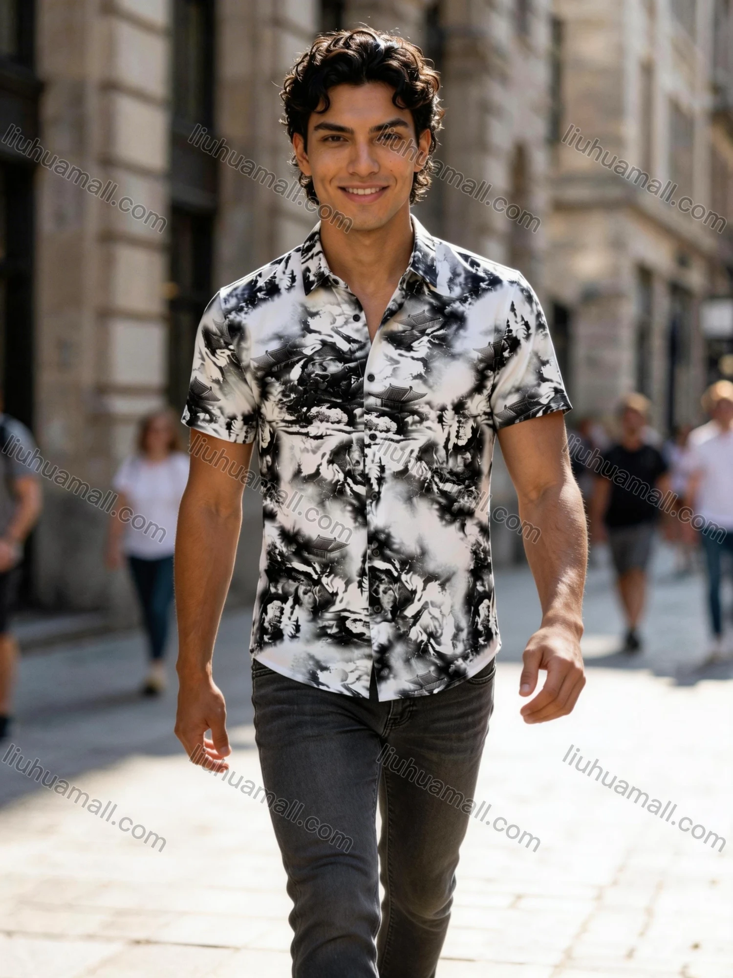 Wholesale 2026 New Men's Slim Fit Short Sleeve Shirt - Wholesale In Stock Traditional Chinese Ink Wash Landscape Temple Print Casu - Liuhuamall