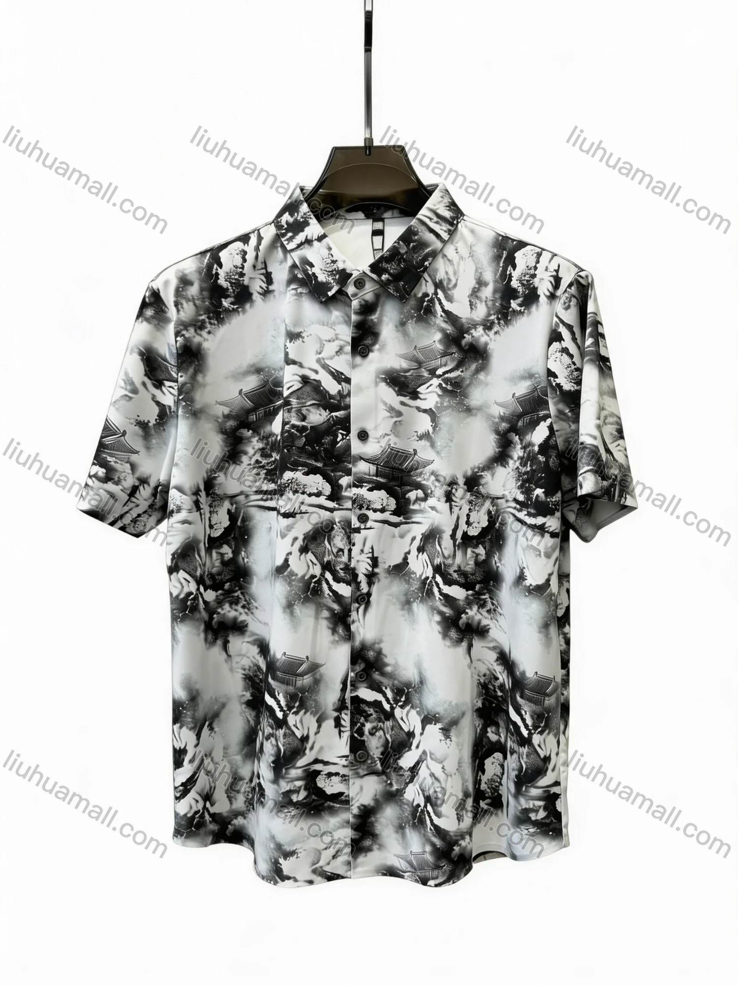 Wholesale 2026 New Men's Slim Fit Short Sleeve Shirt - Wholesale In Stock Traditional Chinese Ink Wash Landscape Temple Print Casu - Liuhuamall