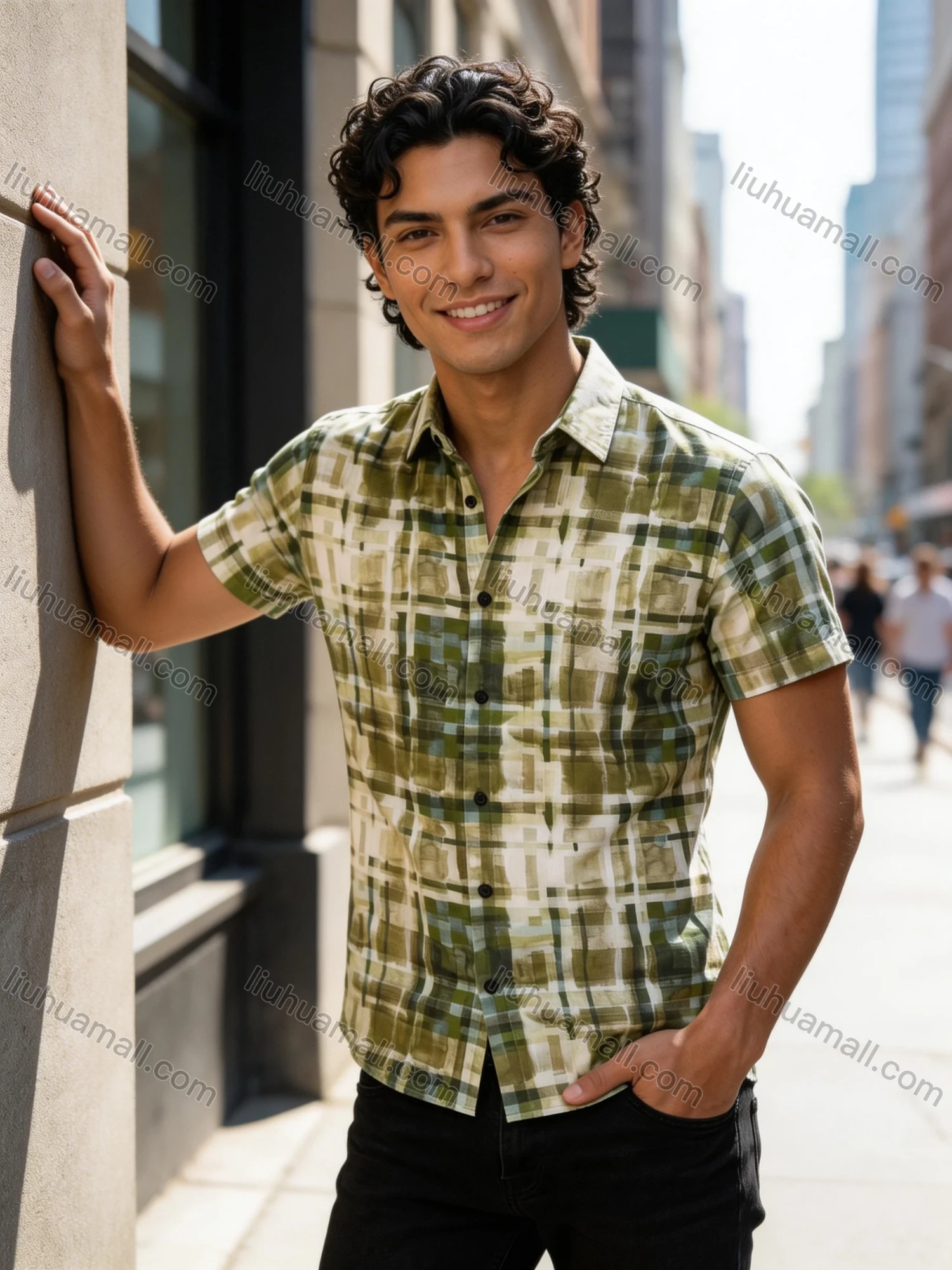 Wholesale In Stock Men's Slim Fit Short Sleeve Plaid Watercolor - Pattern Casual Business Shirt - Liuhuamall