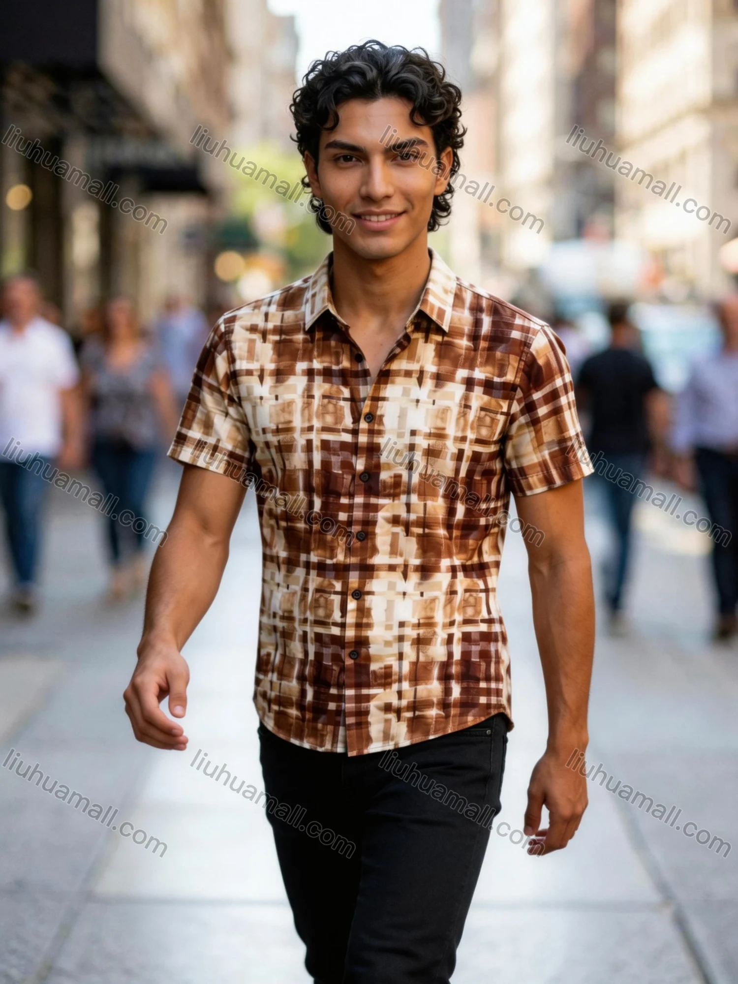 Wholesale In Stock Men's Slim Fit Short Sleeve Plaid Watercolor - Pattern Casual Business Shirt - Liuhuamall