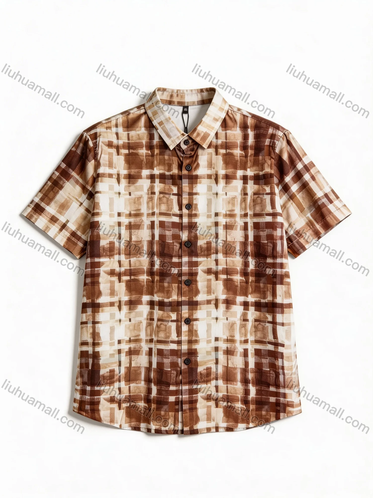 Wholesale In Stock Men's Slim Fit Short Sleeve Plaid Watercolor - Pattern Casual Business Shirt - Liuhuamall