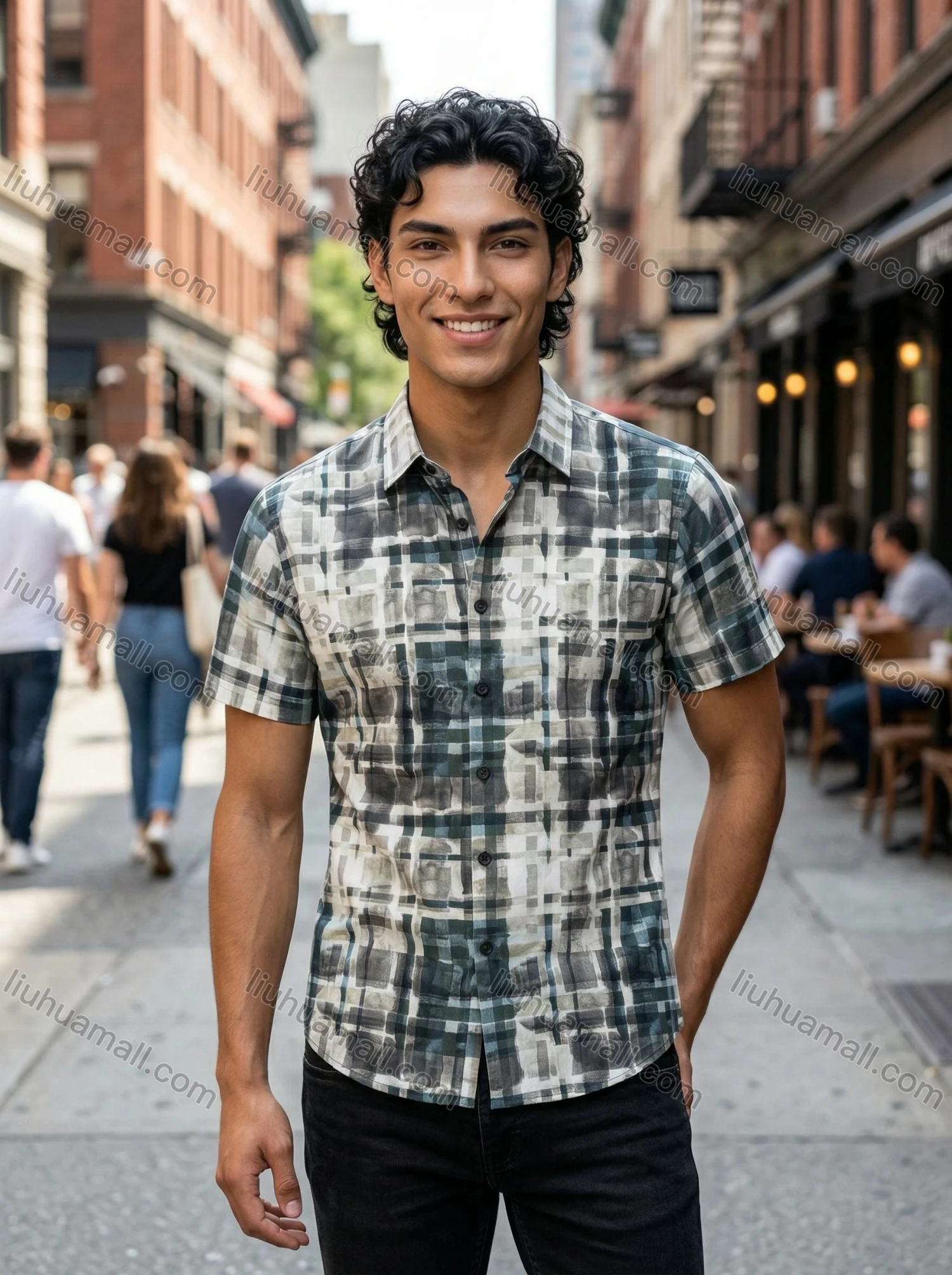 Wholesale In Stock Men's Slim Fit Short Sleeve Plaid Watercolor - Pattern Casual Business Shirt - Liuhuamall