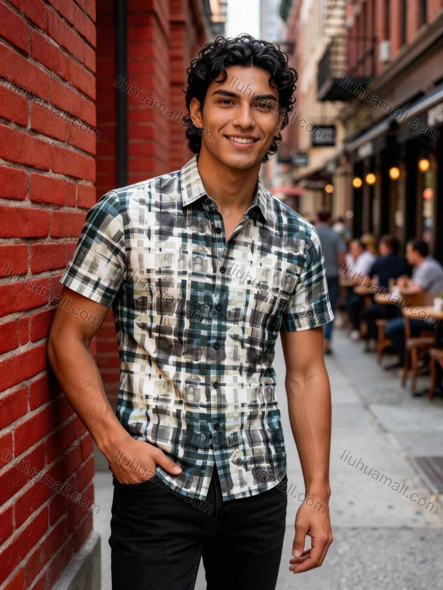 Wholesale In Stock Men's Slim Fit Short Sleeve Plaid Watercolor - Pattern Casual Business Shirt - Liuhuamall