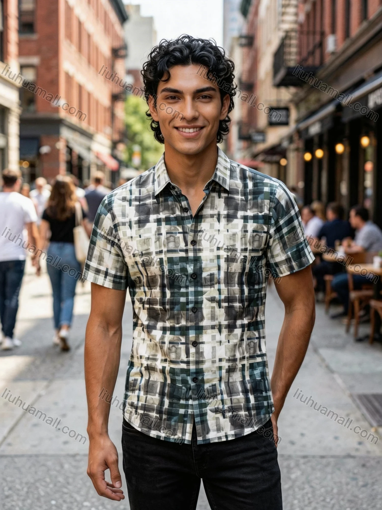 Wholesale In Stock Men's Slim Fit Short Sleeve Plaid Watercolor - Pattern Casual Business Shirt - Liuhuamall