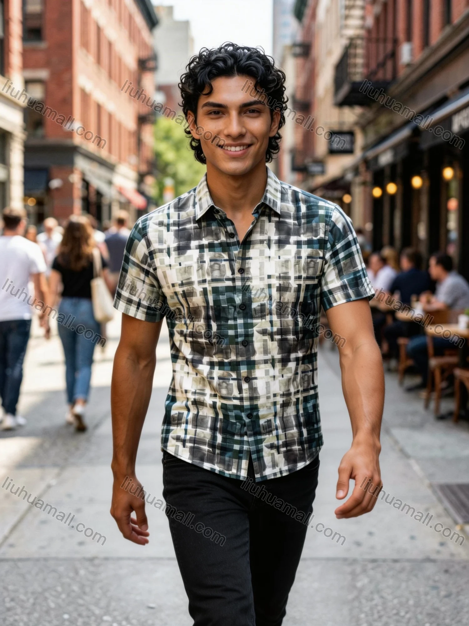 Wholesale In Stock Men's Slim Fit Short Sleeve Plaid Watercolor - Pattern Casual Business Shirt - Liuhuamall