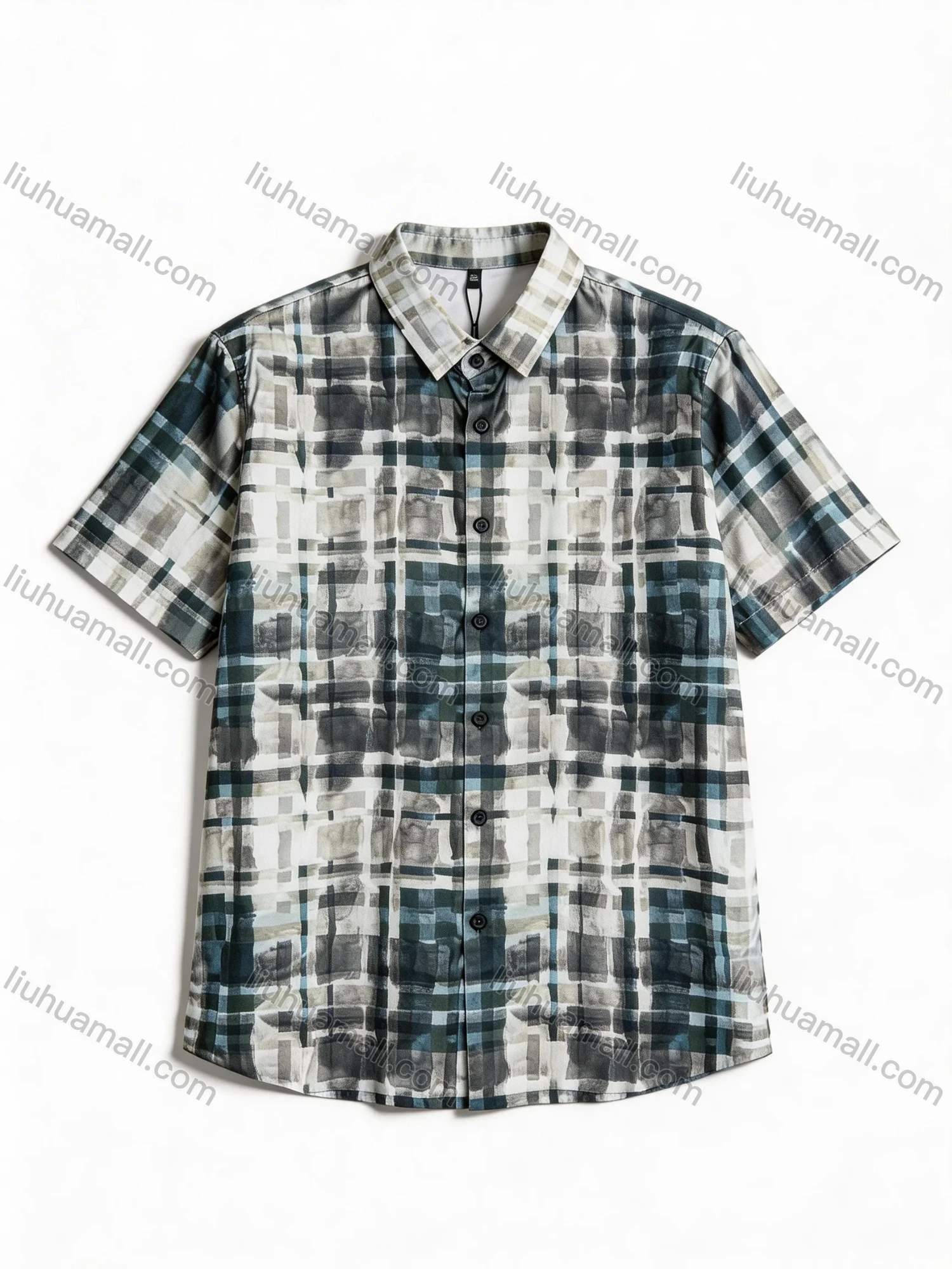 Wholesale In Stock Men's Slim Fit Short Sleeve Plaid Watercolor - Pattern Casual Business Shirt - Liuhuamall