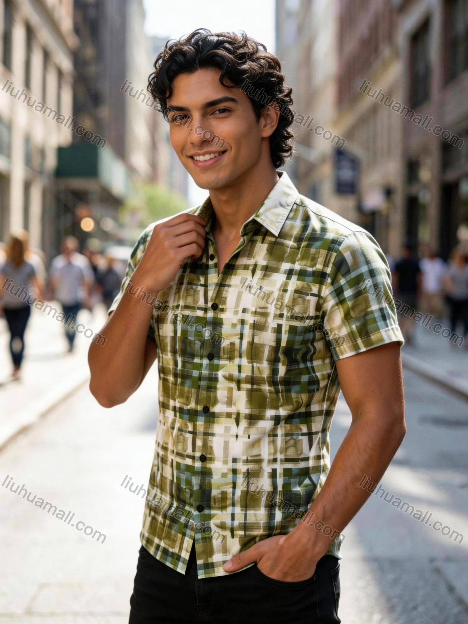 Wholesale In Stock Men's Slim Fit Short Sleeve Plaid Watercolor - Pattern Casual Business Shirt - Liuhuamall
