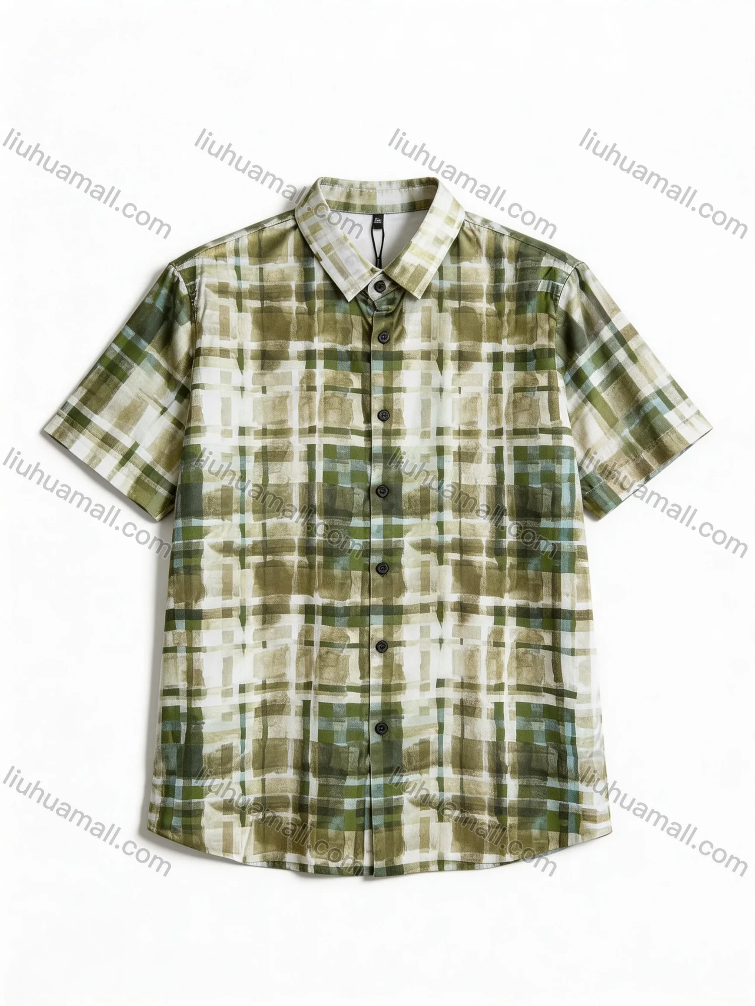 Wholesale In Stock Men's Slim Fit Short Sleeve Plaid Watercolor - Pattern Casual Business Shirt - Liuhuamall