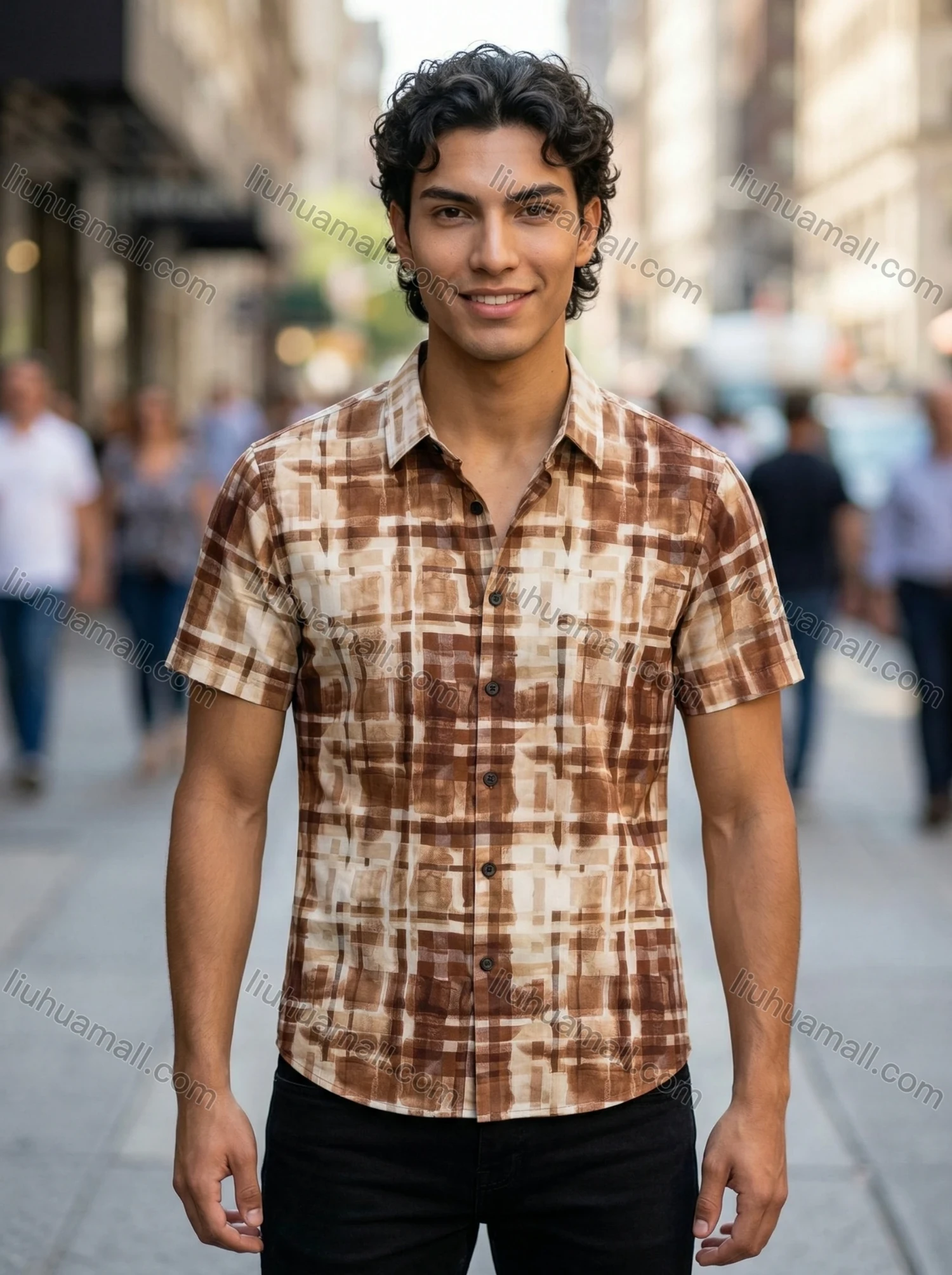 Wholesale In Stock Men's Slim Fit Short Sleeve Plaid Watercolor - Pattern Casual Business Shirt - Liuhuamall