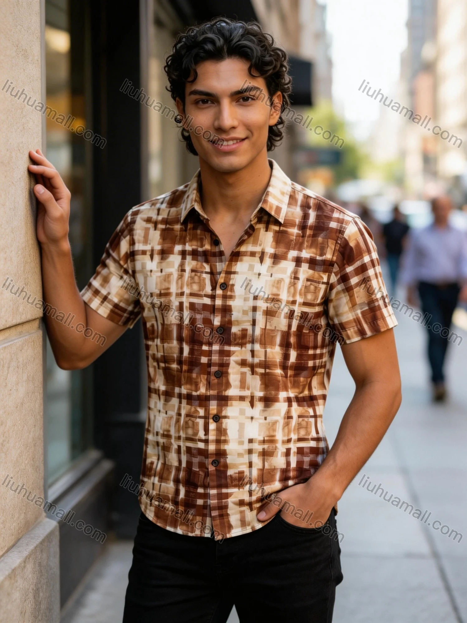 Wholesale In Stock Men's Slim Fit Short Sleeve Plaid Watercolor - Pattern Casual Business Shirt - Liuhuamall