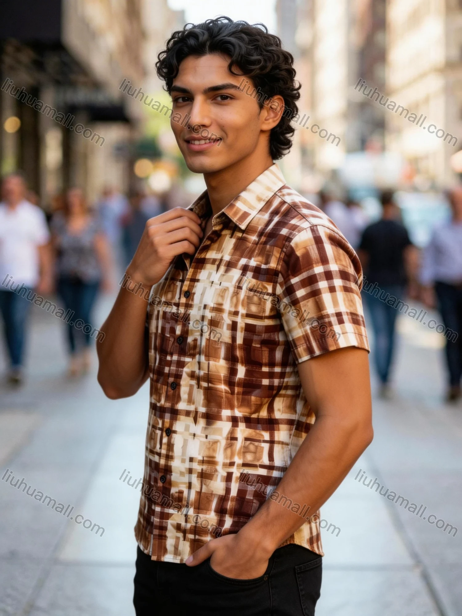 Wholesale In Stock Men's Slim Fit Short Sleeve Plaid Watercolor - Pattern Casual Business Shirt - Liuhuamall