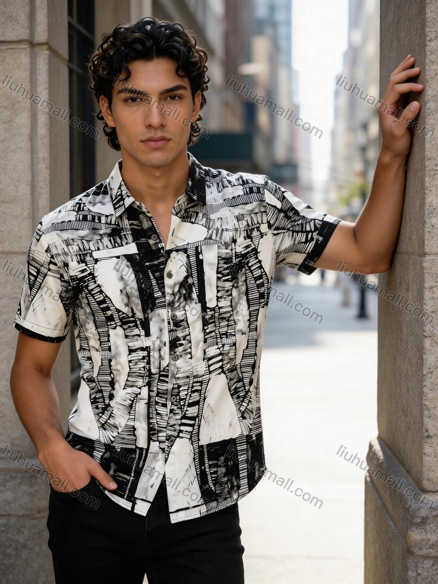 Wholesale In Stock Men's Slim Fit Short Sleeve Shirt, Abstract Black - White Geometric Print Turn - Down Collar Casual B - Liuhuamall