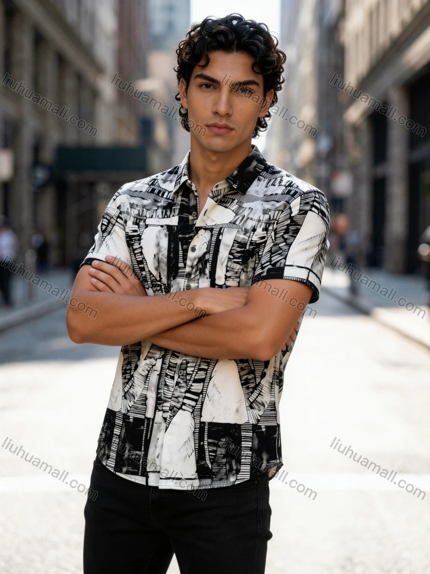 Wholesale In Stock Men's Slim Fit Short Sleeve Shirt, Abstract Black - White Geometric Print Turn - Down Collar Casual B - Liuhuamall