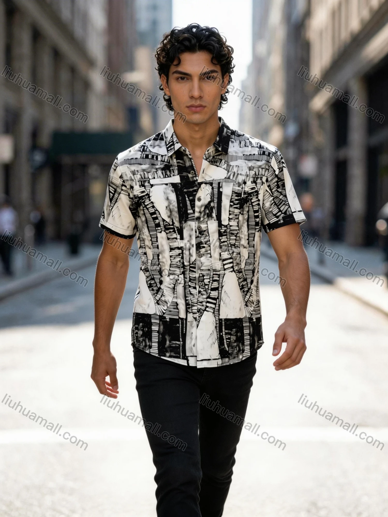 Wholesale In Stock Men's Slim Fit Short Sleeve Shirt, Abstract Black - White Geometric Print Turn - Down Collar Casual B - Liuhuamall