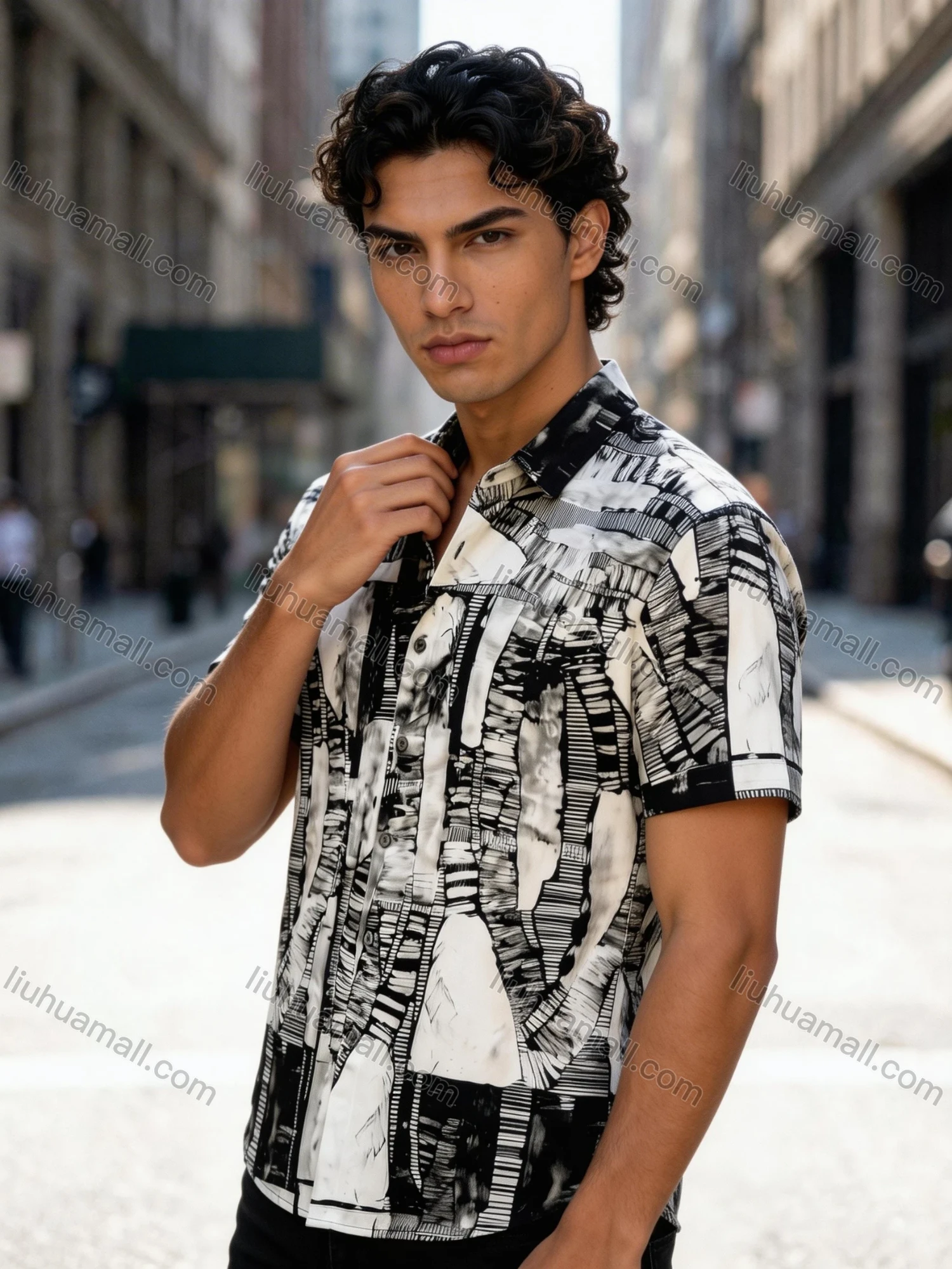 Wholesale In Stock Men's Slim Fit Short Sleeve Shirt, Abstract Black - White Geometric Print Turn - Down Collar Casual B - Liuhuamall