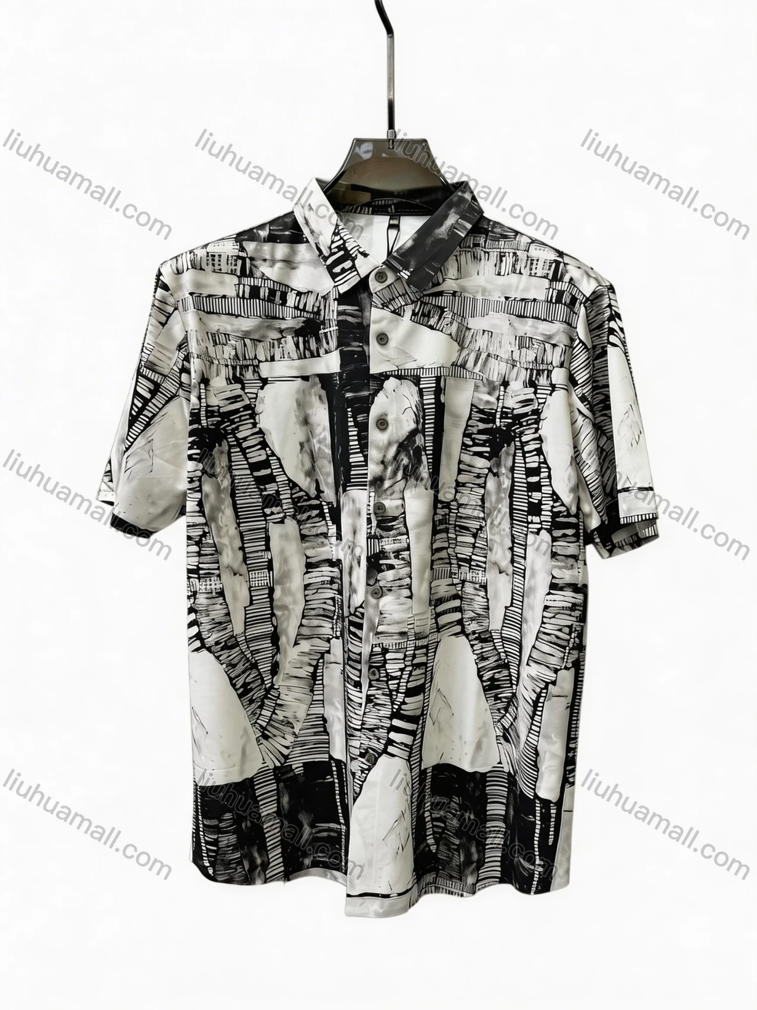Wholesale In Stock Men's Slim Fit Short Sleeve Shirt, Abstract Black - White Geometric Print Turn - Down Collar Casual B - Liuhuamall