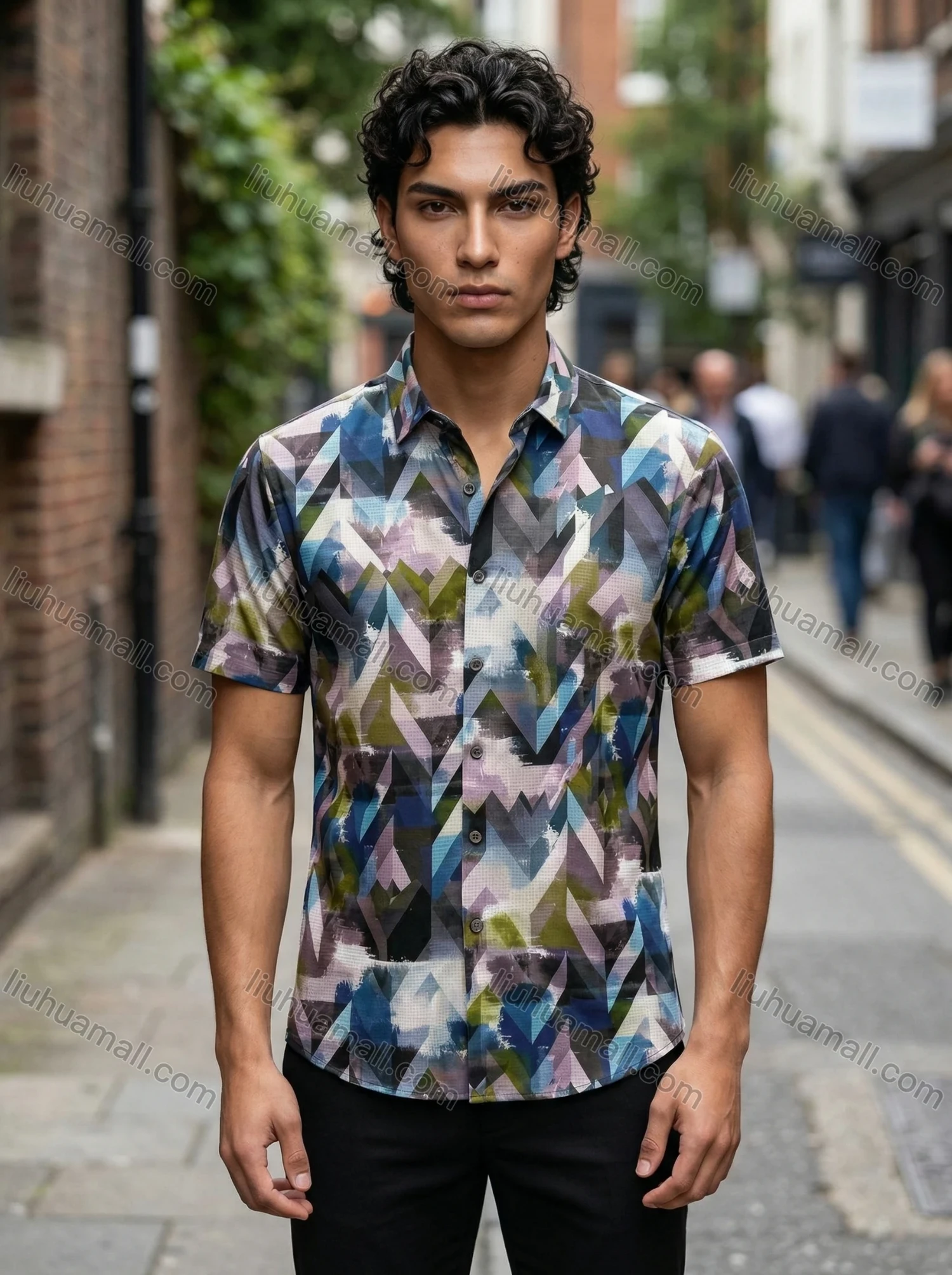 Wholesale 2026 Men's Slim Fit Short Sleeve Geometric Print Shirt - Fashion Casual Streetwear Top, Wholesale In Stock for Men - Liuhuamall