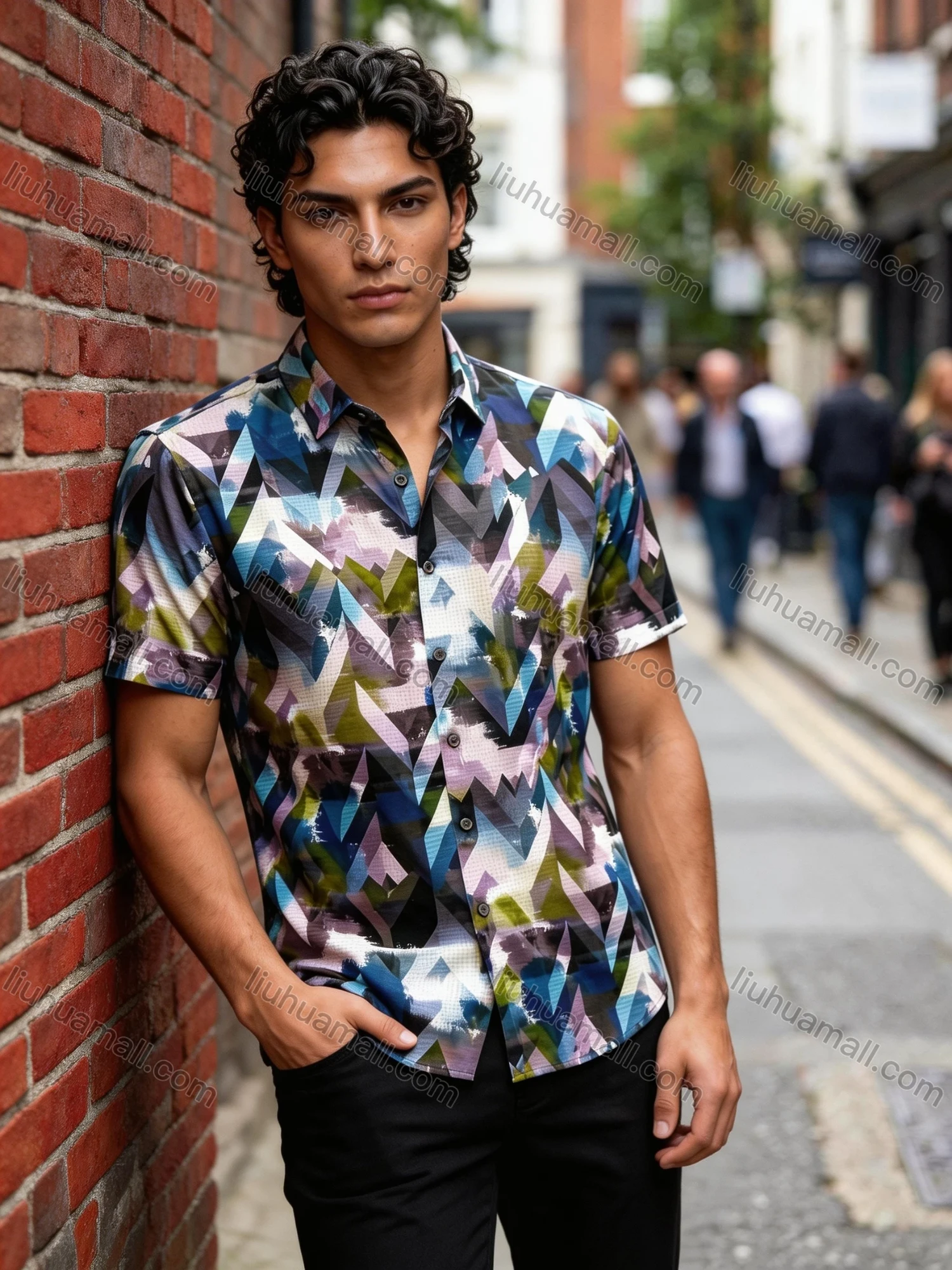 Wholesale 2026 Men's Slim Fit Short Sleeve Geometric Print Shirt - Fashion Casual Streetwear Top, Wholesale In Stock for Men - Liuhuamall