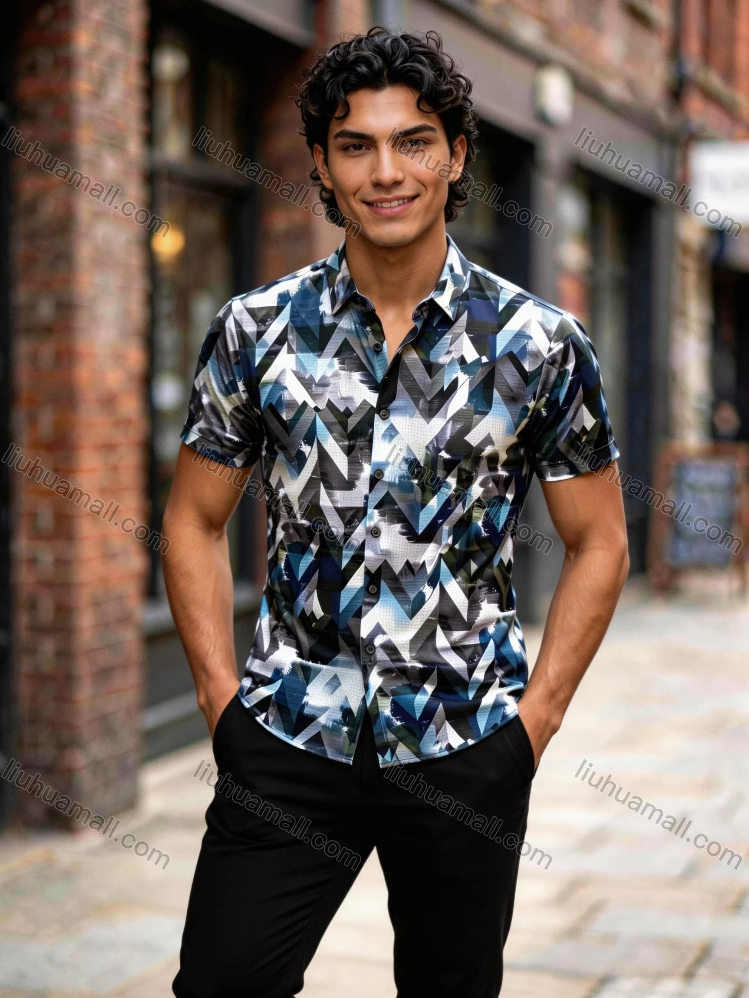 Wholesale 2026 Men's Slim Fit Short Sleeve Geometric Print Shirt - Fashion Casual Streetwear Top, Wholesale In Stock for Men - Liuhuamall