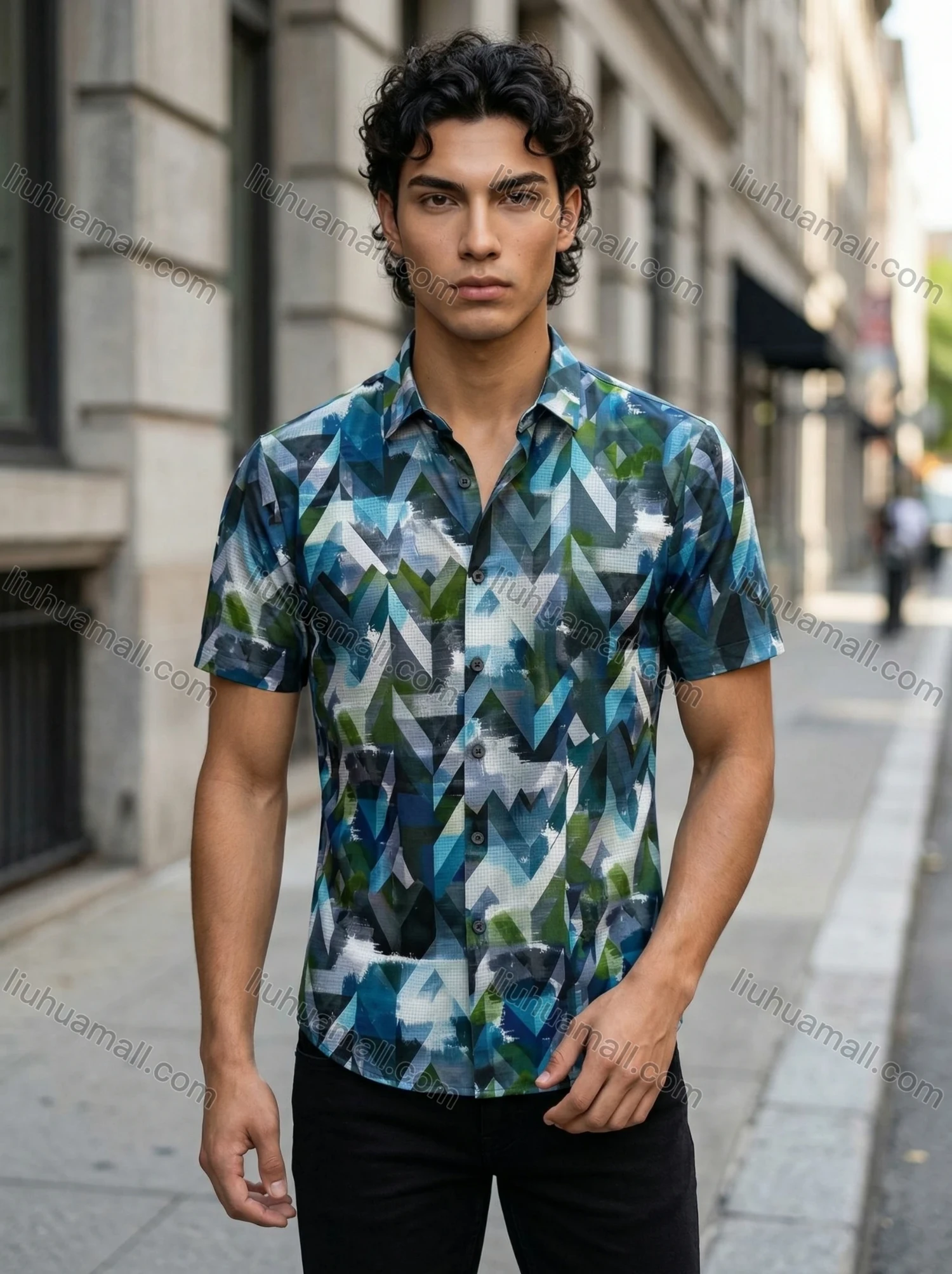 Wholesale 2026 Men's Slim Fit Short Sleeve Geometric Print Shirt - Fashion Casual Streetwear Top, Wholesale In Stock for Men - Liuhuamall