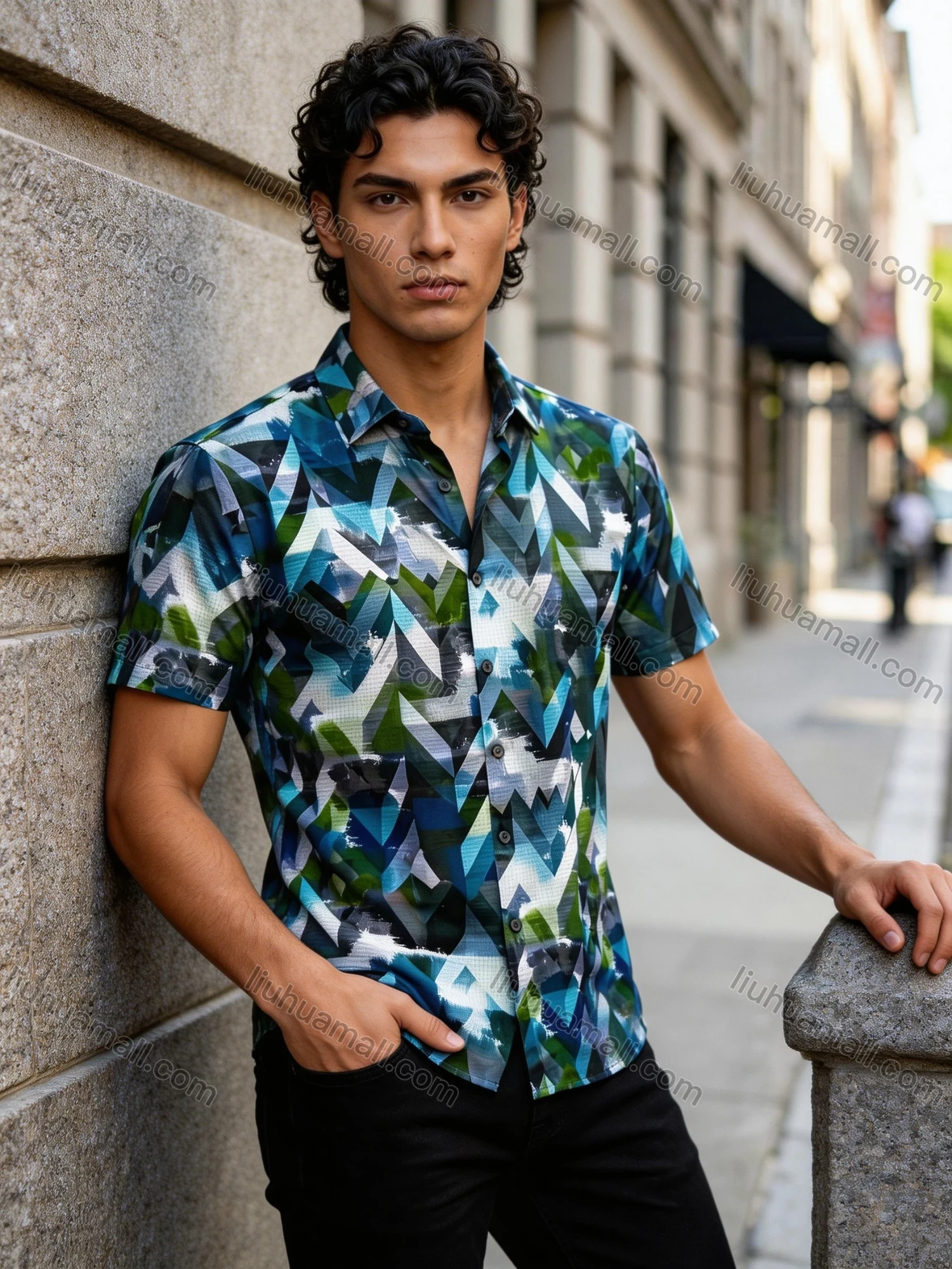 Wholesale 2026 Men's Slim Fit Short Sleeve Geometric Print Shirt - Fashion Casual Streetwear Top, Wholesale In Stock for Men - Liuhuamall