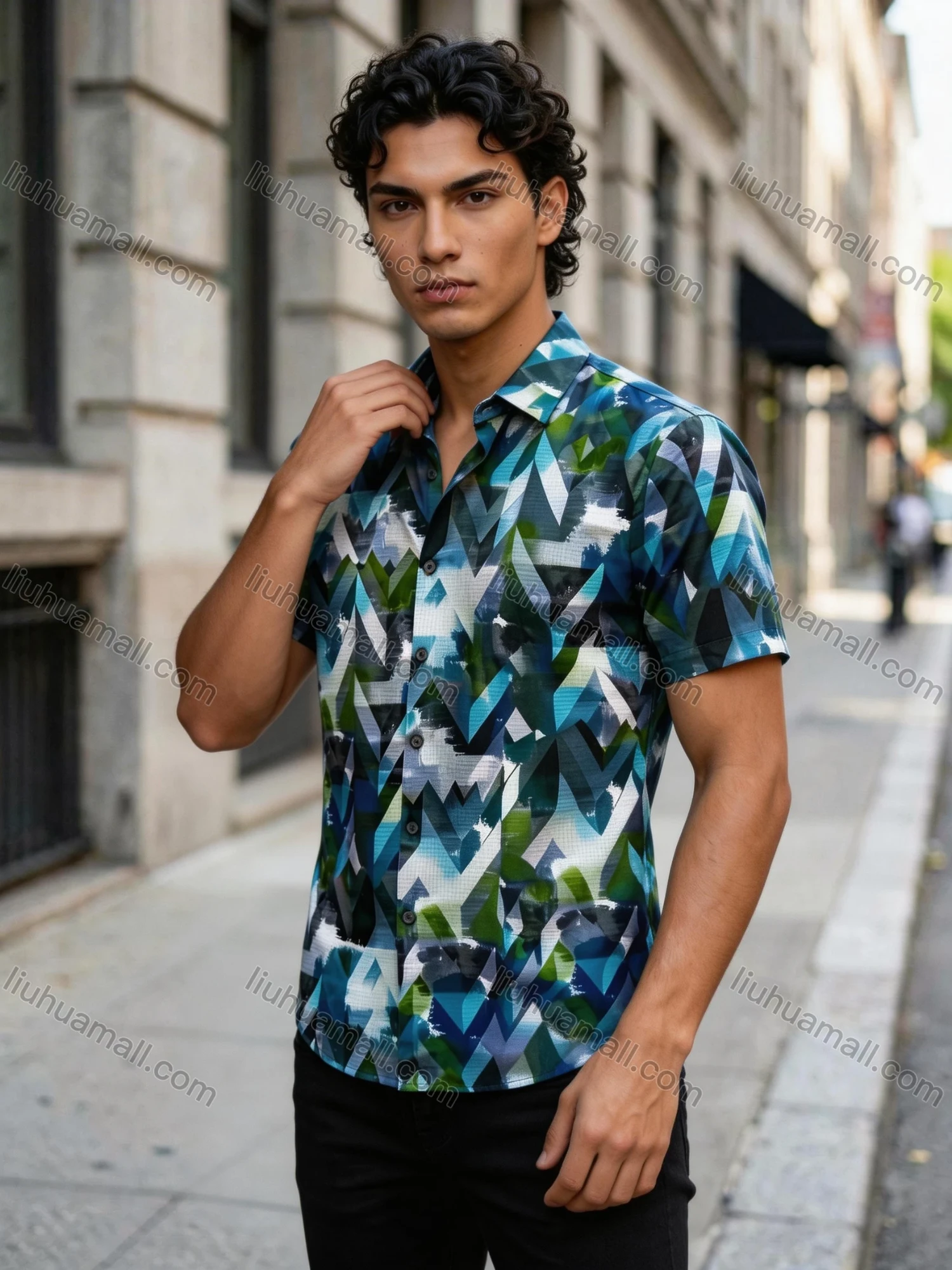 Wholesale 2026 Men's Slim Fit Short Sleeve Geometric Print Shirt - Fashion Casual Streetwear Top, Wholesale In Stock for Men - Liuhuamall