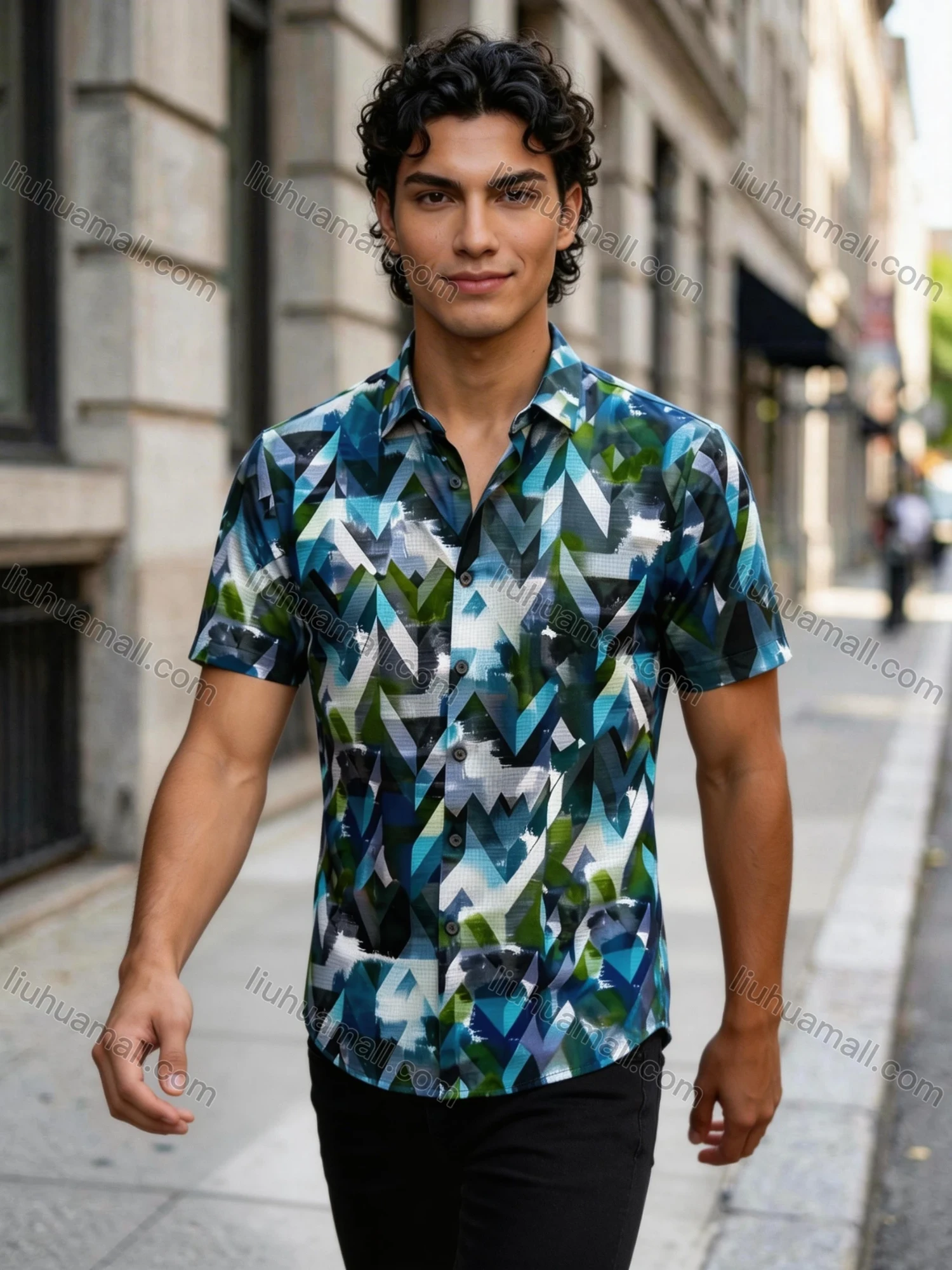 Wholesale 2026 Men's Slim Fit Short Sleeve Geometric Print Shirt - Fashion Casual Streetwear Top, Wholesale In Stock for Men - Liuhuamall