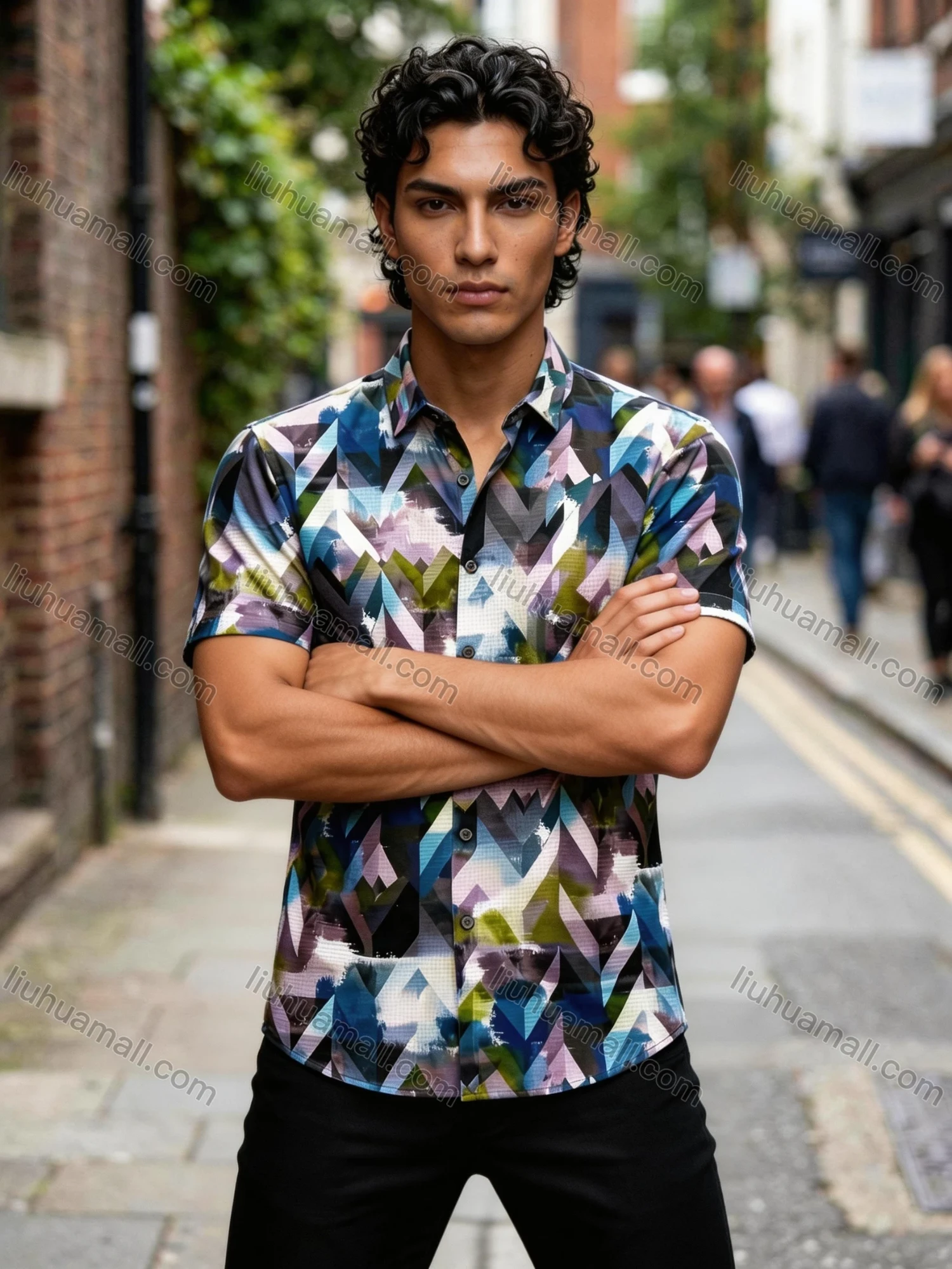 Wholesale 2026 Men's Slim Fit Short Sleeve Geometric Print Shirt - Fashion Casual Streetwear Top, Wholesale In Stock for Men - Liuhuamall