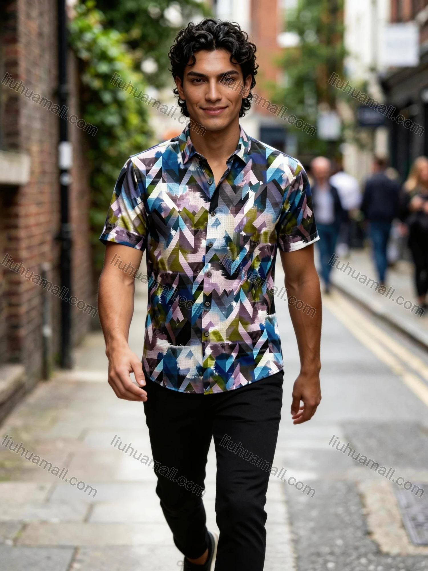 Wholesale 2026 Men's Slim Fit Short Sleeve Geometric Print Shirt - Fashion Casual Streetwear Top, Wholesale In Stock for Men - Liuhuamall
