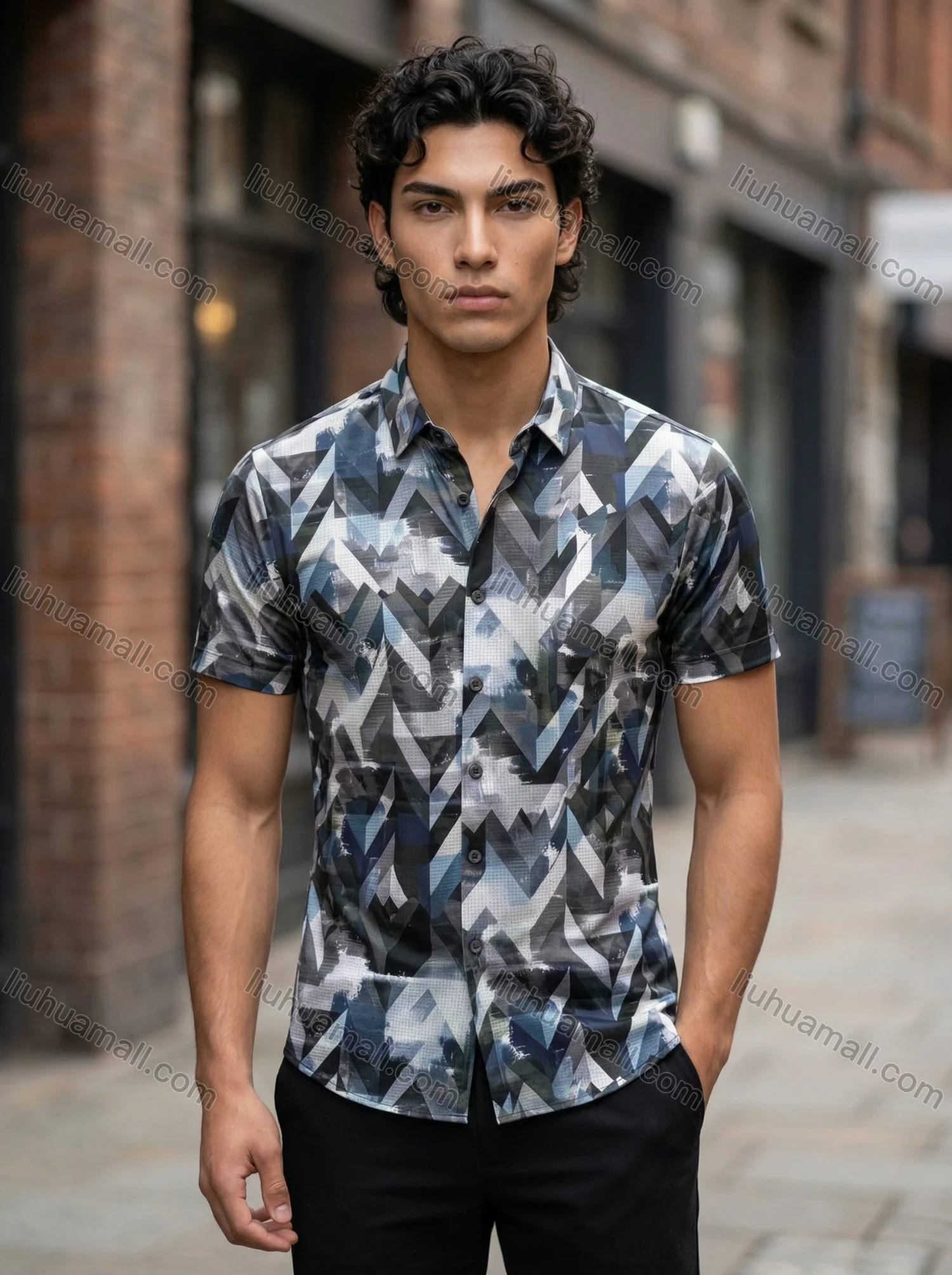 Wholesale 2026 Men's Slim Fit Short Sleeve Geometric Print Shirt - Fashion Casual Streetwear Top, Wholesale In Stock for Men - Liuhuamall