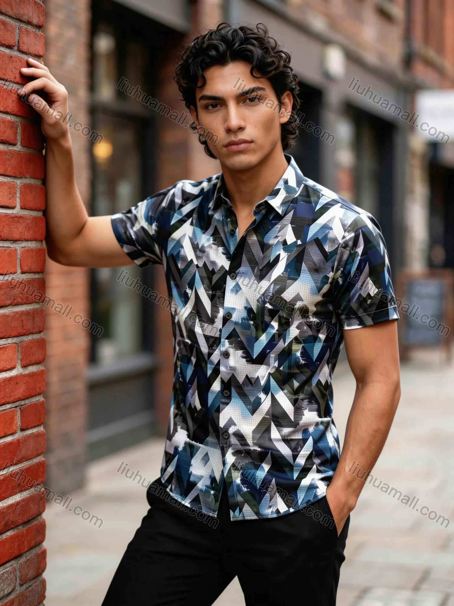 Wholesale 2026 Men's Slim Fit Short Sleeve Geometric Print Shirt - Fashion Casual Streetwear Top, Wholesale In Stock for Men - Liuhuamall