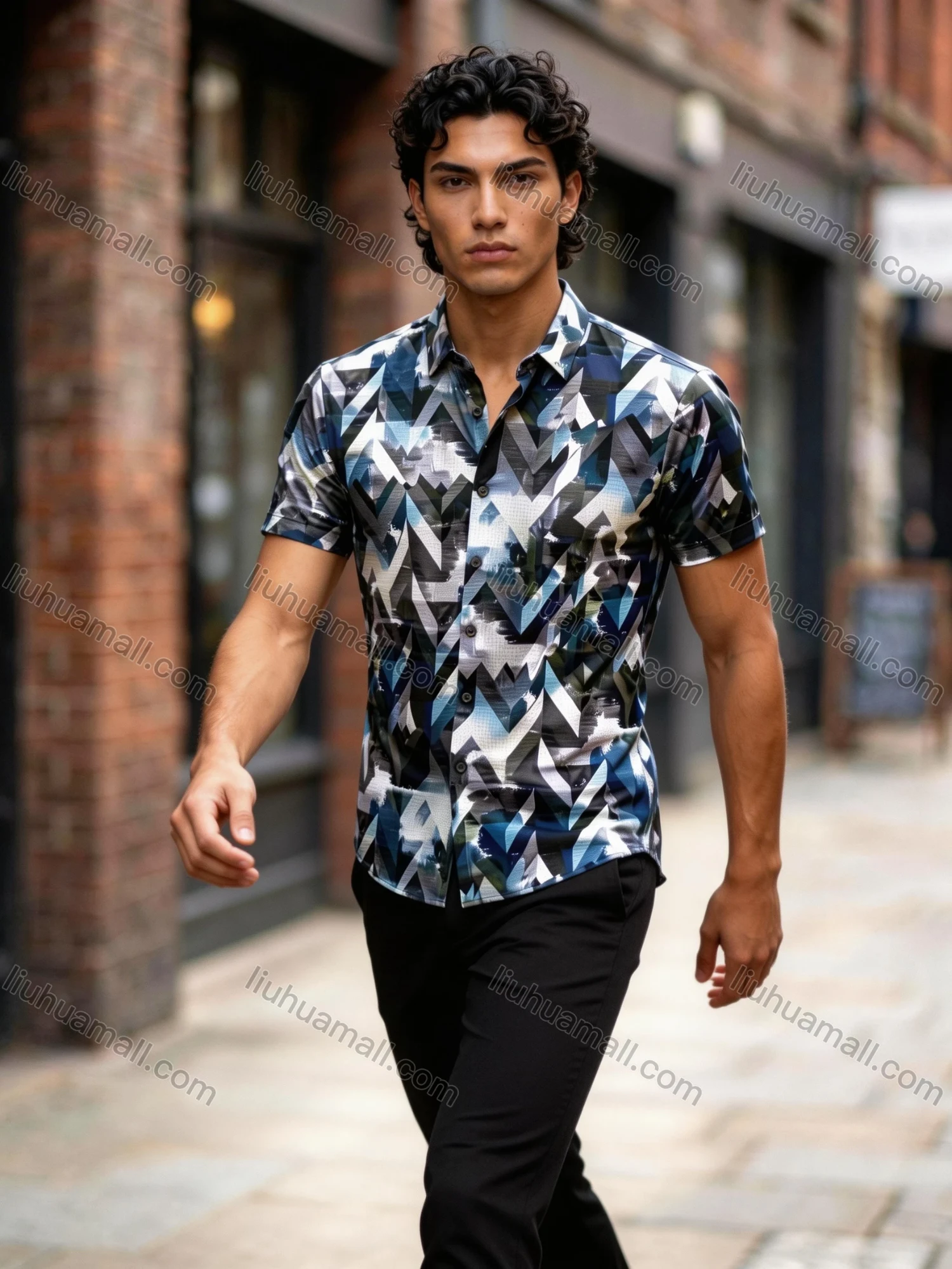 Wholesale 2026 Men's Slim Fit Short Sleeve Geometric Print Shirt - Fashion Casual Streetwear Top, Wholesale In Stock for Men - Liuhuamall