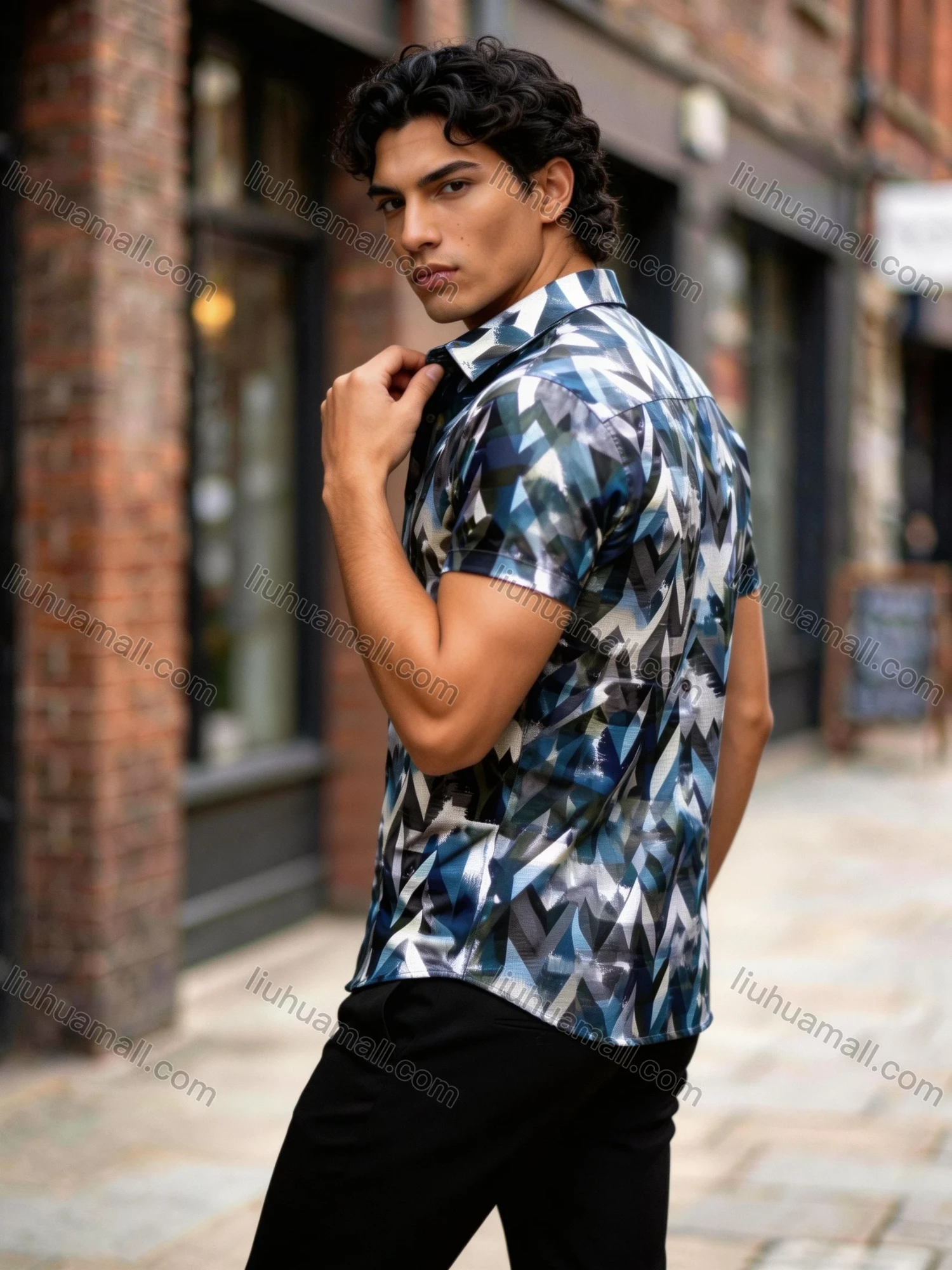 Wholesale 2026 Men's Slim Fit Short Sleeve Geometric Print Shirt - Fashion Casual Streetwear Top, Wholesale In Stock for Men - Liuhuamall