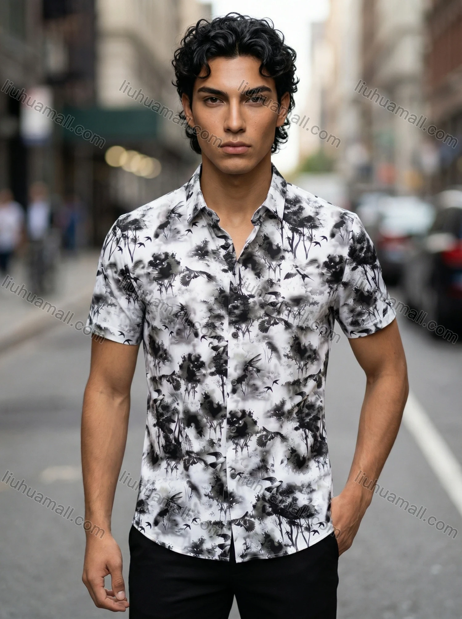 Wholesale 2026 New Arrival Men's Slim Fit Short Sleeve Shirt - Watercolor Ink Print Floral Tree Bird Pattern, Wholesale & In Stock - Liuhuamall