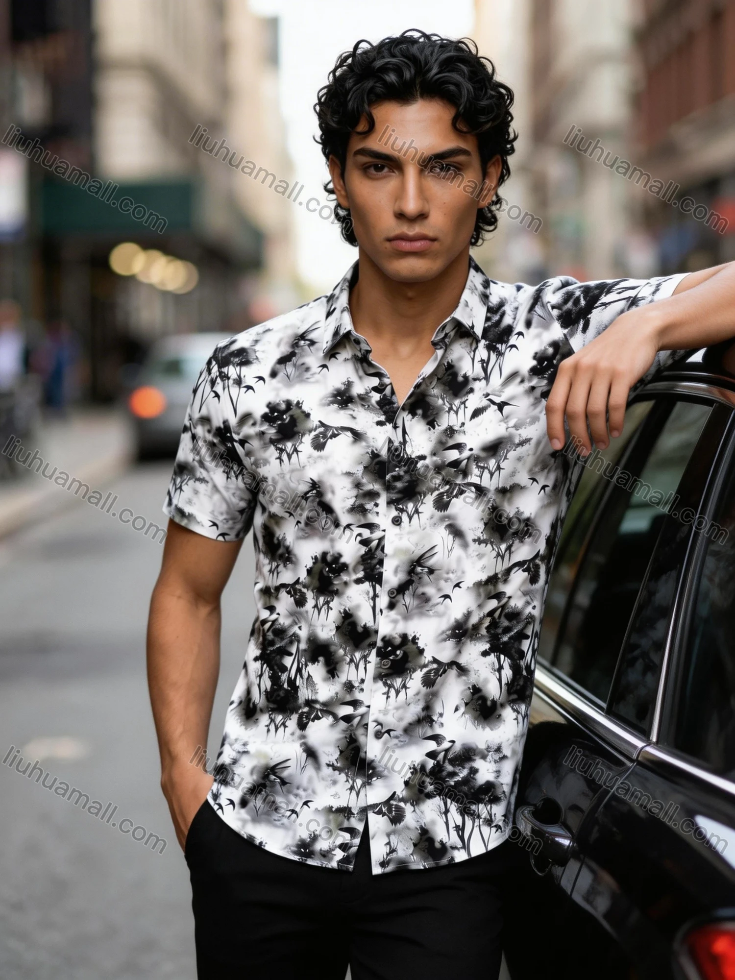 Wholesale 2026 New Arrival Men's Slim Fit Short Sleeve Shirt - Watercolor Ink Print Floral Tree Bird Pattern, Wholesale & In Stock - Liuhuamall