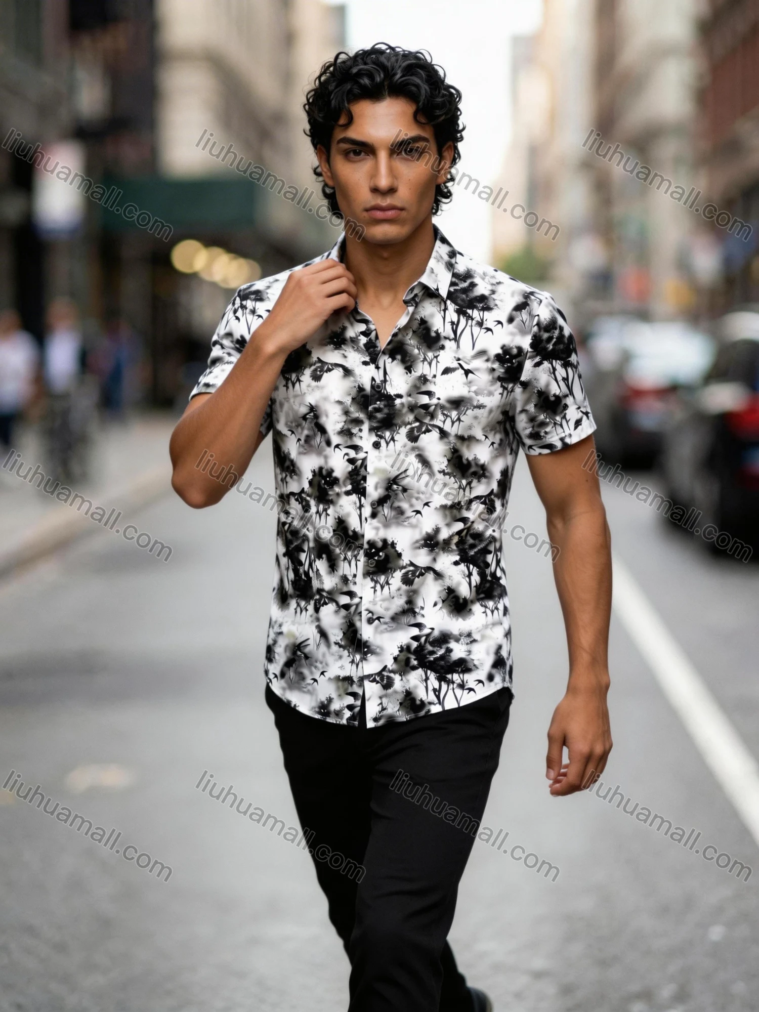 Wholesale 2026 New Arrival Men's Slim Fit Short Sleeve Shirt - Watercolor Ink Print Floral Tree Bird Pattern, Wholesale & In Stock - Liuhuamall