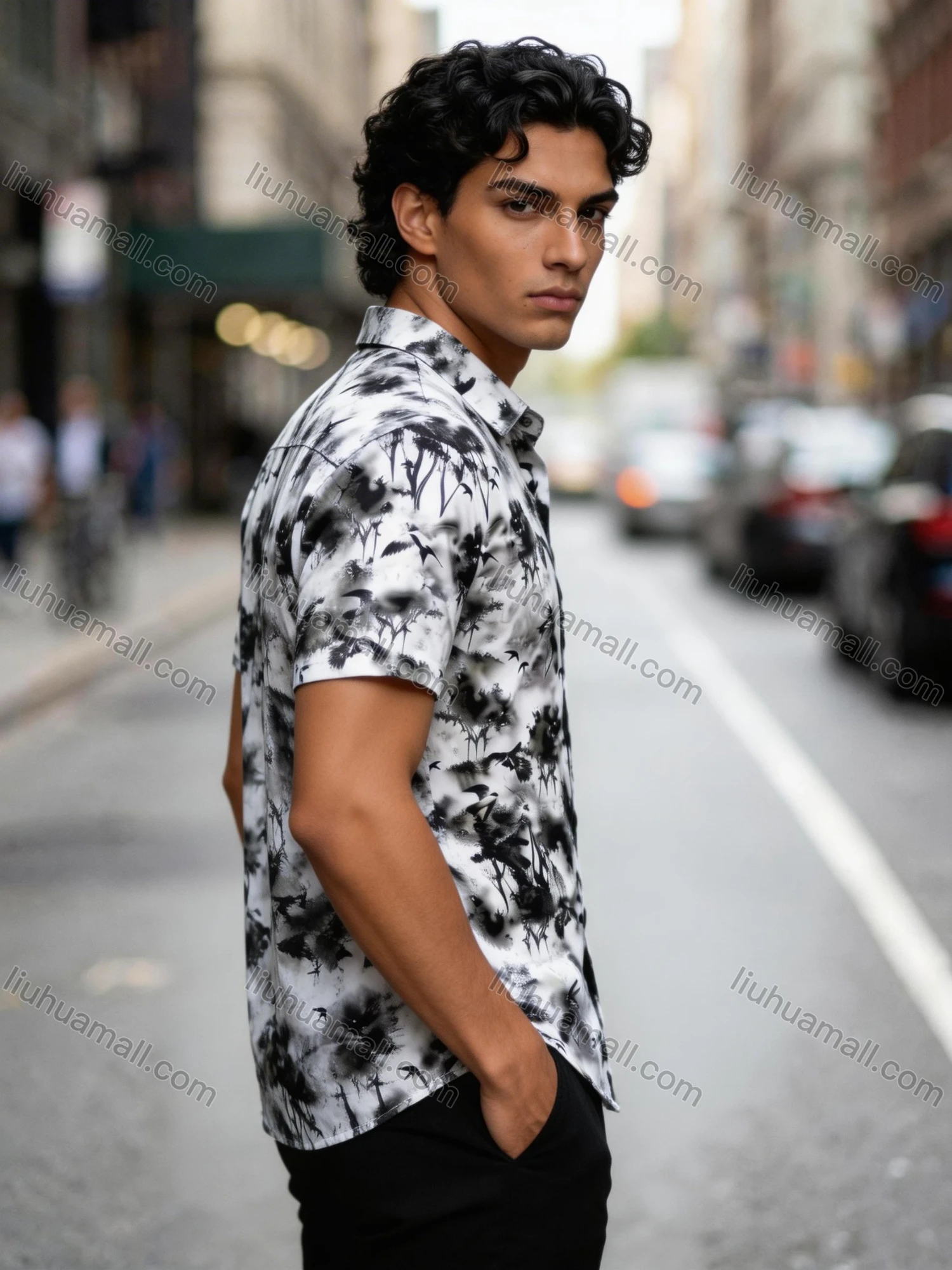 Wholesale 2026 New Arrival Men's Slim Fit Short Sleeve Shirt - Watercolor Ink Print Floral Tree Bird Pattern, Wholesale & In Stock - Liuhuamall