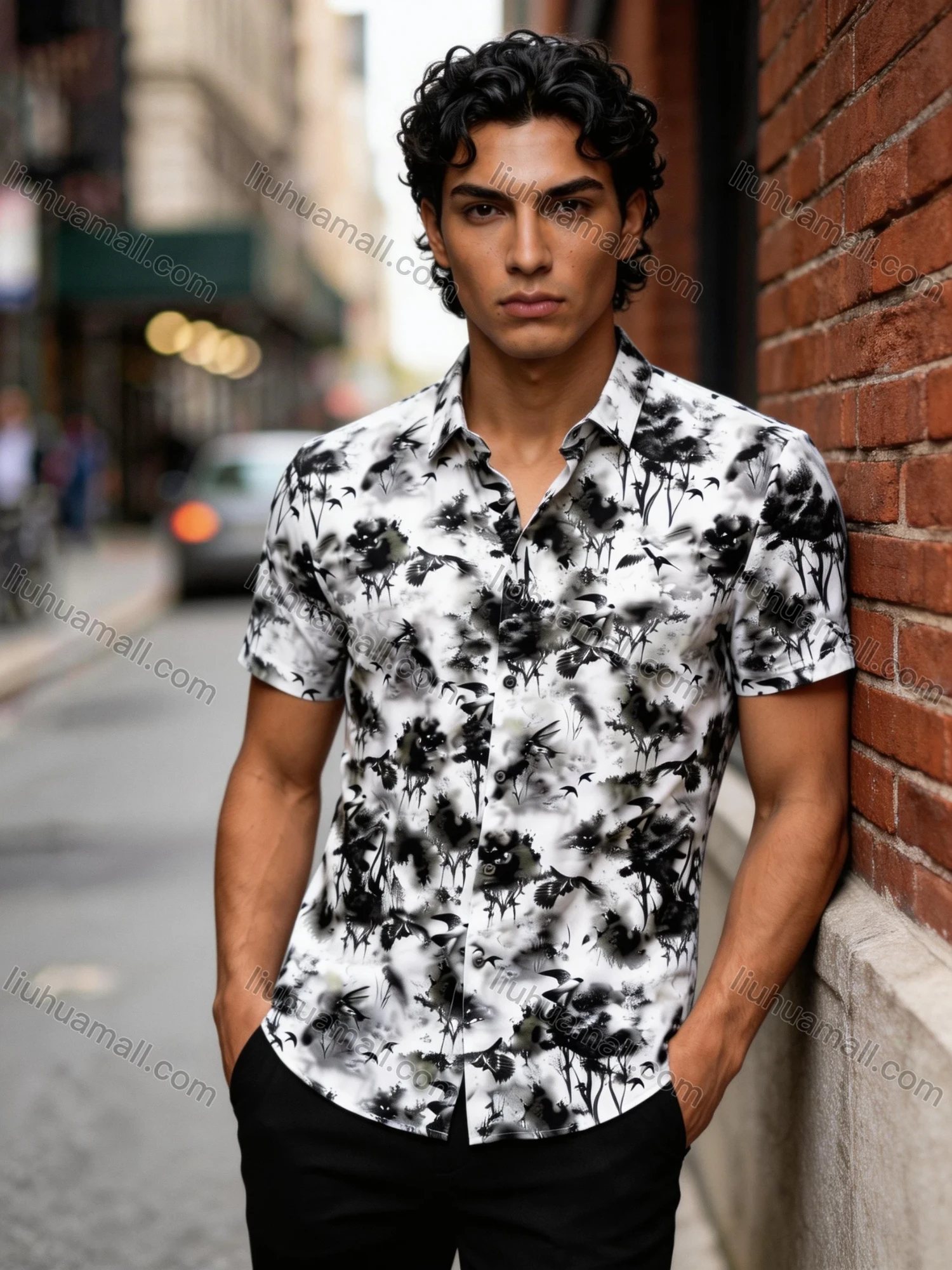 Wholesale 2026 New Arrival Men's Slim Fit Short Sleeve Shirt - Watercolor Ink Print Floral Tree Bird Pattern, Wholesale & In Stock - Liuhuamall