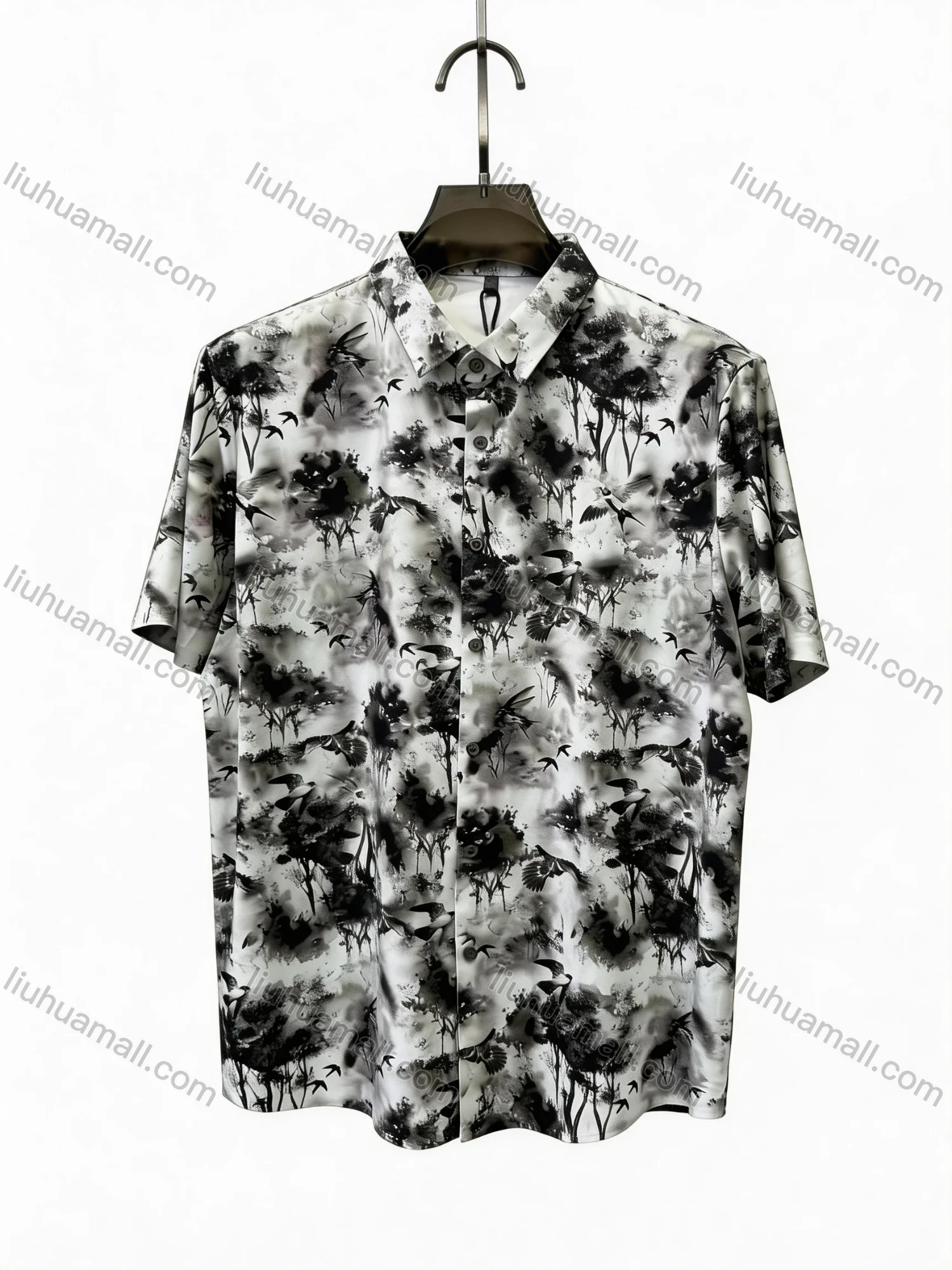Wholesale 2026 New Arrival Men's Slim Fit Short Sleeve Shirt - Watercolor Ink Print Floral Tree Bird Pattern, Wholesale & In Stock - Liuhuamall