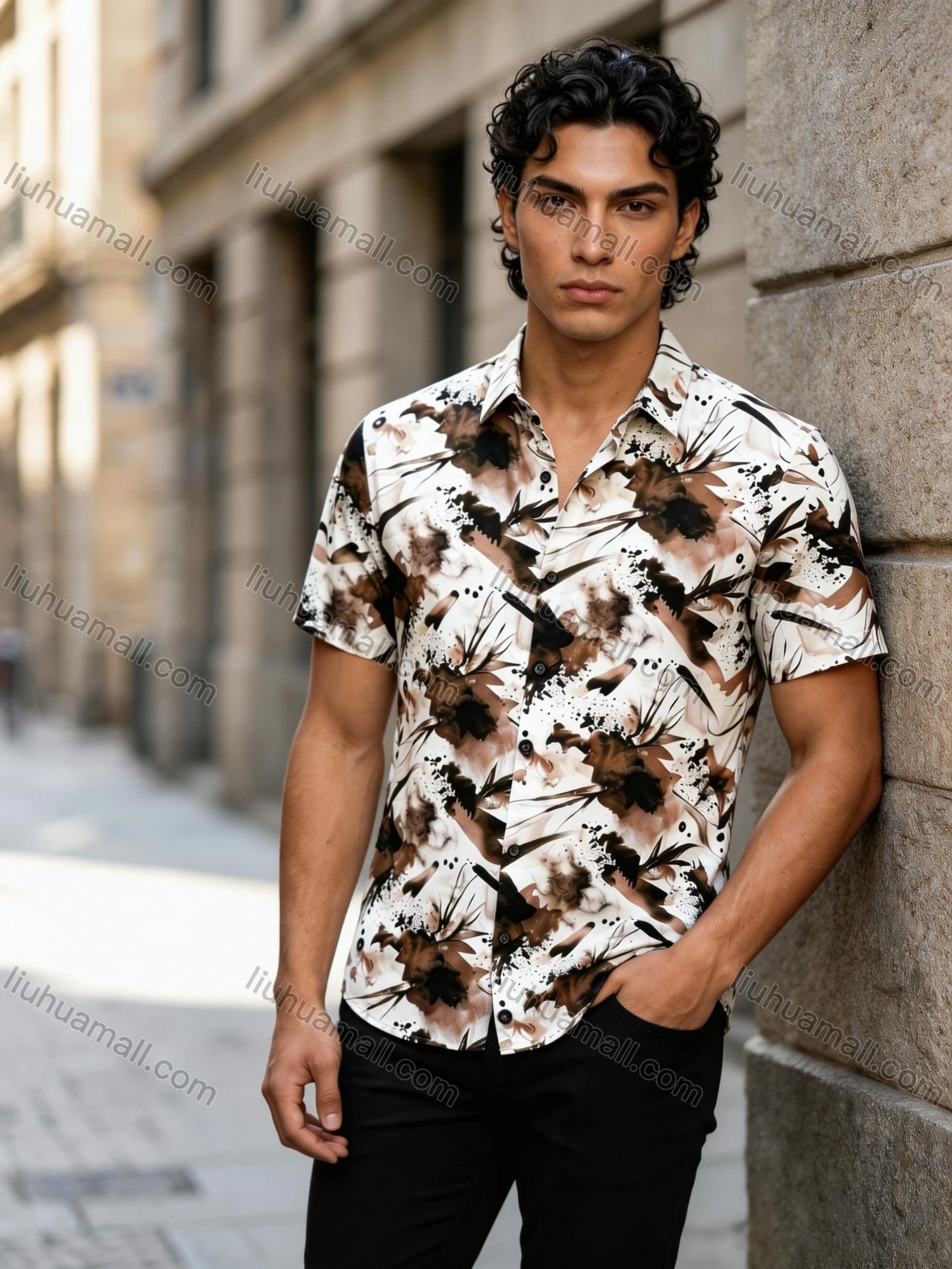 Wholesale In Stock Men's Slim Fit Short Sleeve Shirt with Abstract Ink - Wash Floral Print | Casual Business Shirt - Liuhuamall