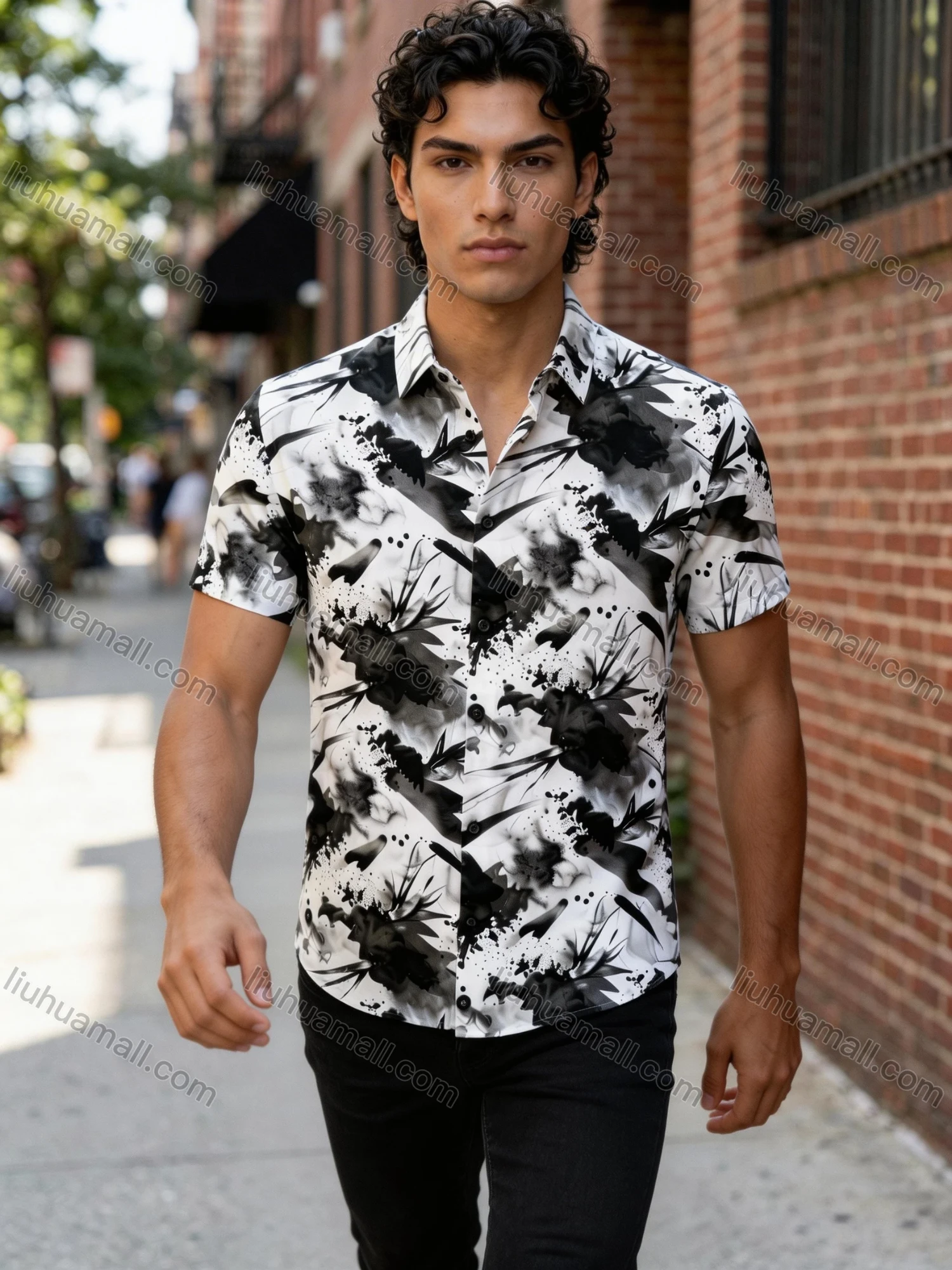 Wholesale In Stock Men's Slim Fit Short Sleeve Shirt with Abstract Ink - Wash Floral Print | Casual Business Shirt - Liuhuamall
