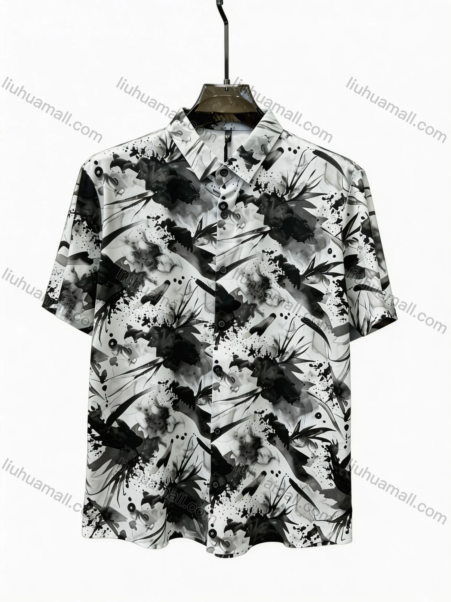 Wholesale In Stock Men's Slim Fit Short Sleeve Shirt with Abstract Ink - Wash Floral Print | Casual Business Shirt - Liuhuamall