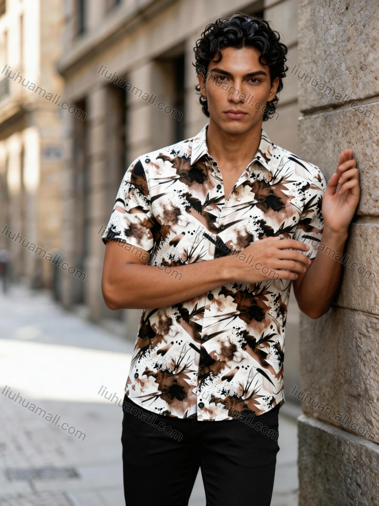 Wholesale In Stock Men's Slim Fit Short Sleeve Shirt with Abstract Ink - Wash Floral Print | Casual Business Shirt - Liuhuamall