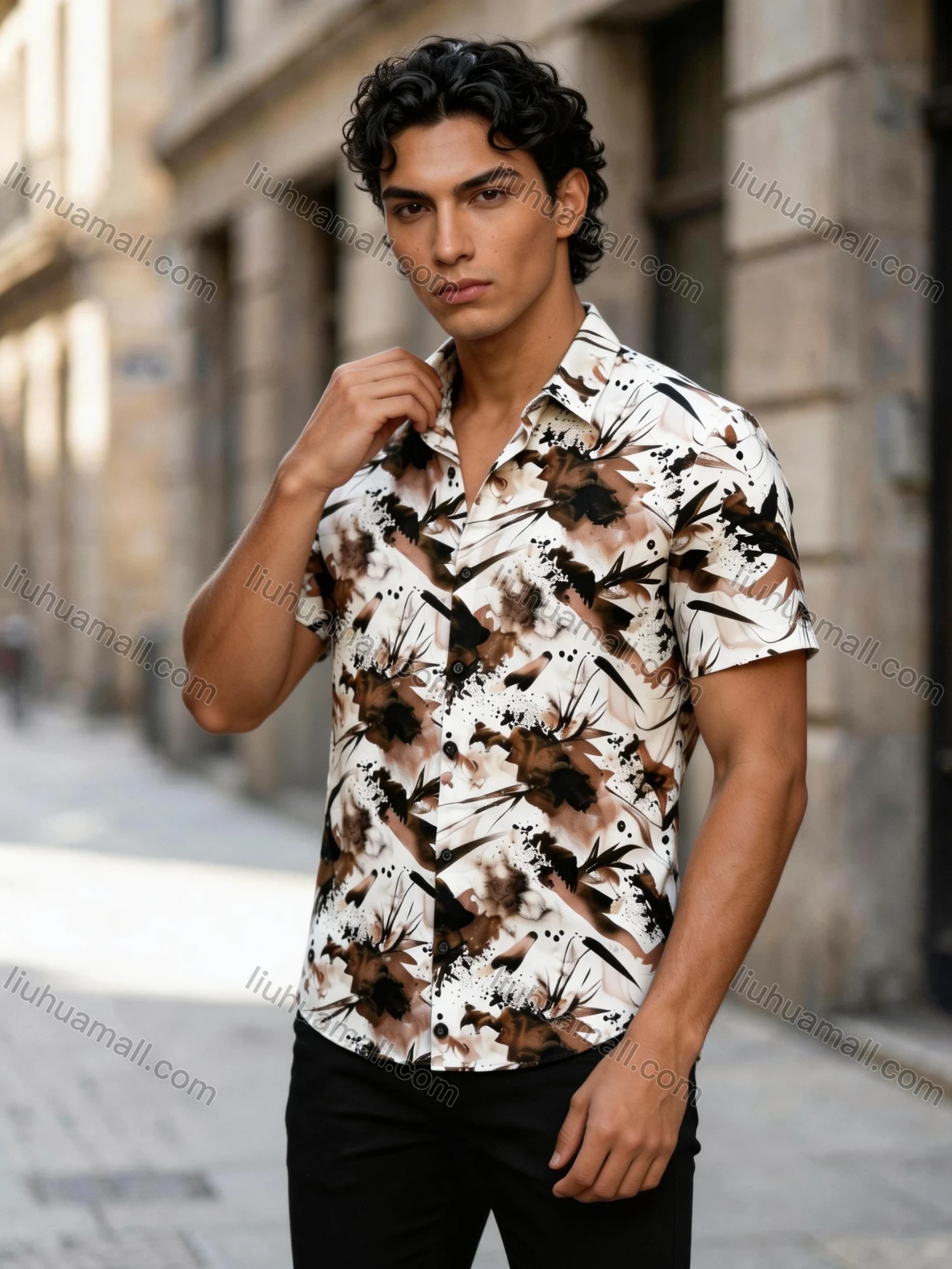 Wholesale In Stock Men's Slim Fit Short Sleeve Shirt with Abstract Ink - Wash Floral Print | Casual Business Shirt - Liuhuamall