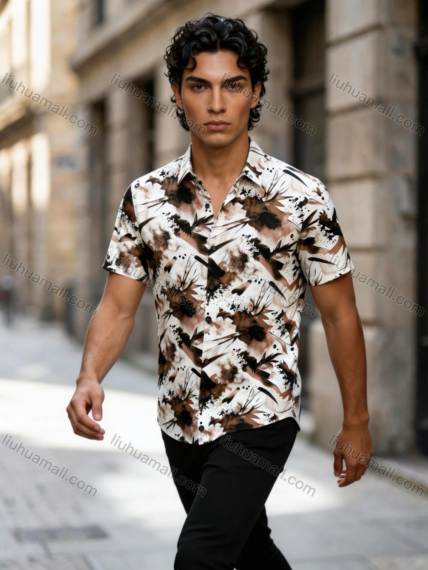 Wholesale In Stock Men's Slim Fit Short Sleeve Shirt with Abstract Ink - Wash Floral Print | Casual Business Shirt - Liuhuamall