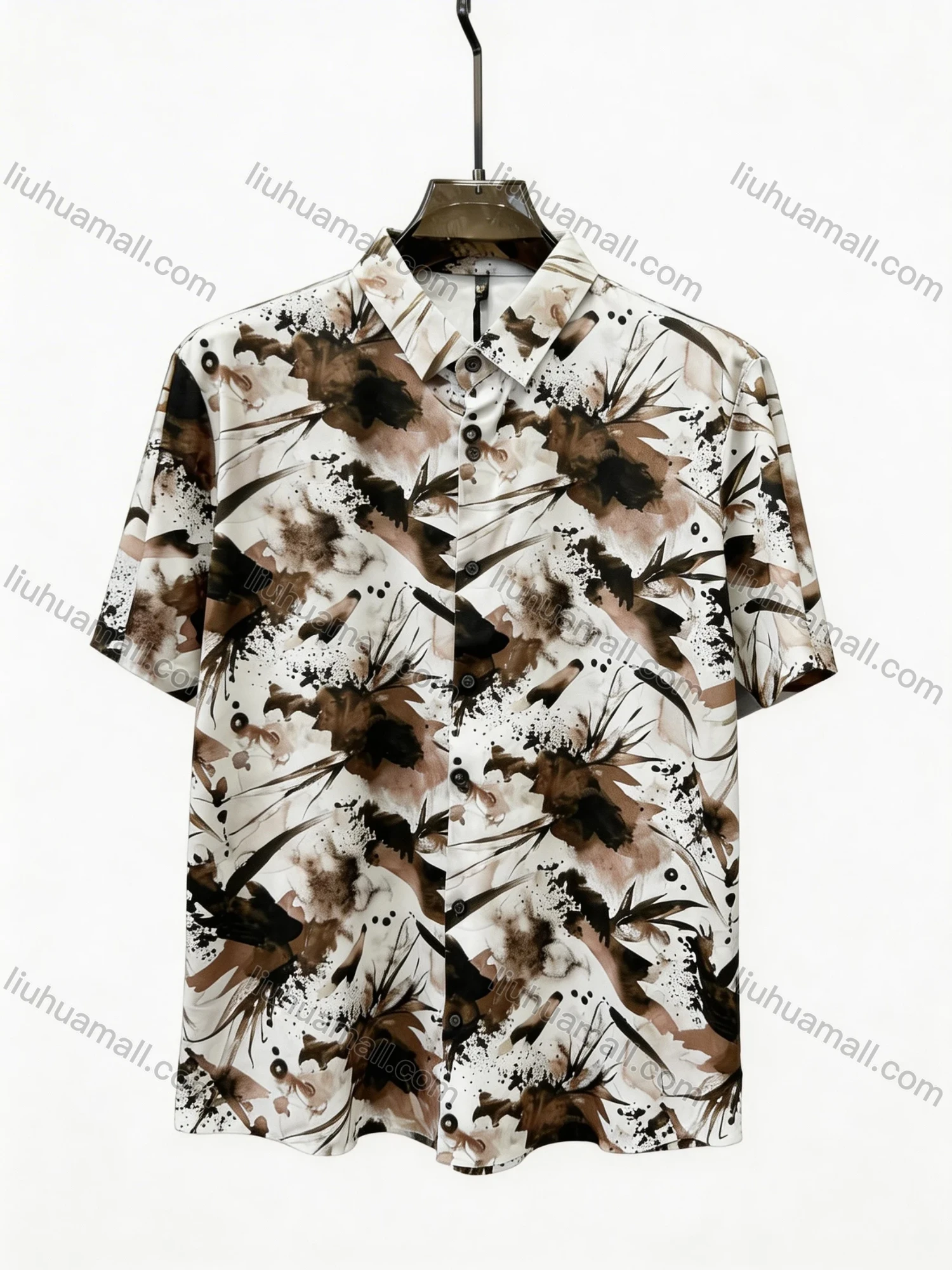 Wholesale In Stock Men's Slim Fit Short Sleeve Shirt with Abstract Ink - Wash Floral Print | Casual Business Shirt - Liuhuamall