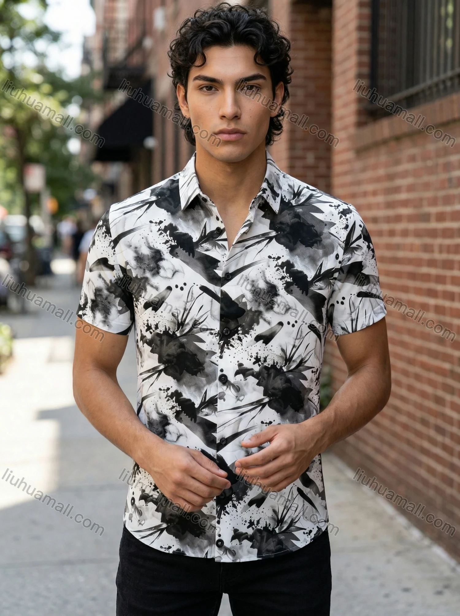 Wholesale In Stock Men's Slim Fit Short Sleeve Shirt with Abstract Ink - Wash Floral Print | Casual Business Shirt - Liuhuamall