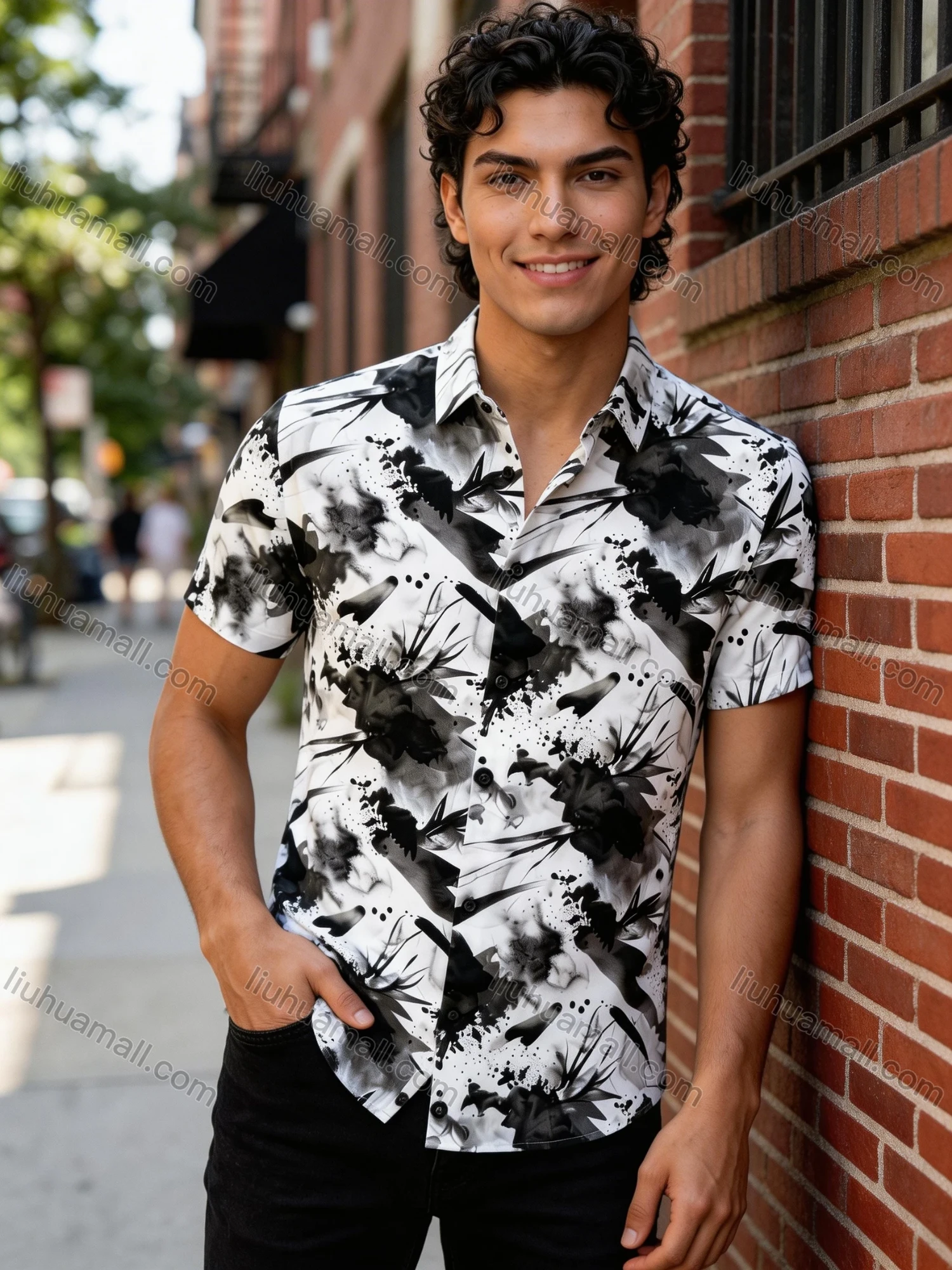 Wholesale In Stock Men's Slim Fit Short Sleeve Shirt with Abstract Ink - Wash Floral Print | Casual Business Shirt - Liuhuamall