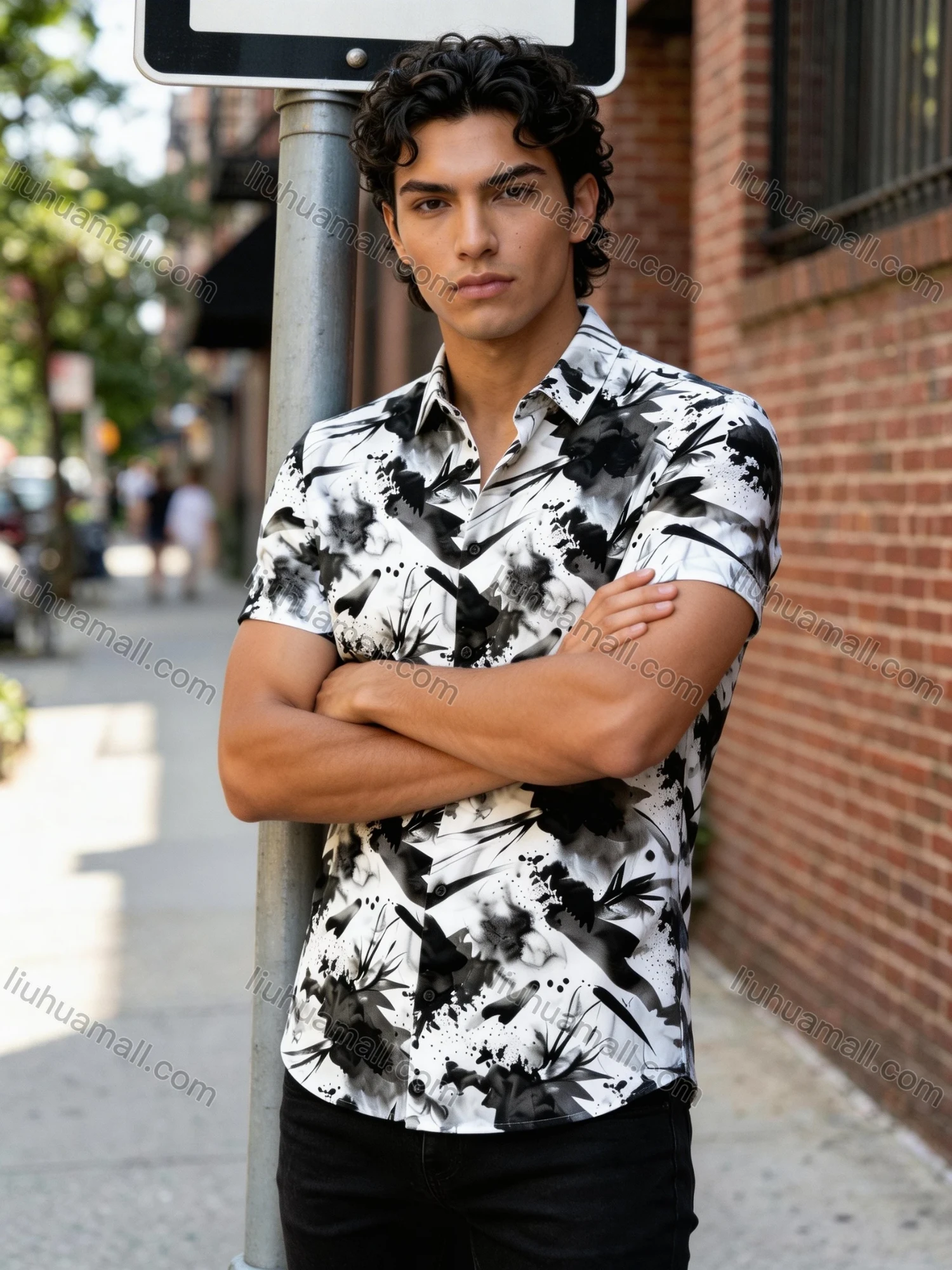 Wholesale In Stock Men's Slim Fit Short Sleeve Shirt with Abstract Ink - Wash Floral Print | Casual Business Shirt - Liuhuamall
