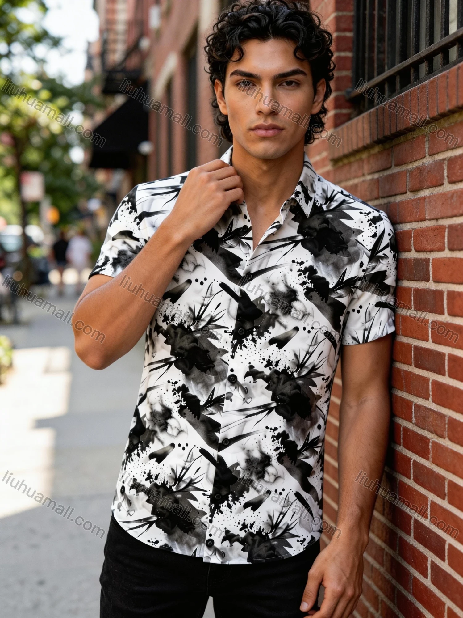 Wholesale In Stock Men's Slim Fit Short Sleeve Shirt with Abstract Ink - Wash Floral Print | Casual Business Shirt - Liuhuamall